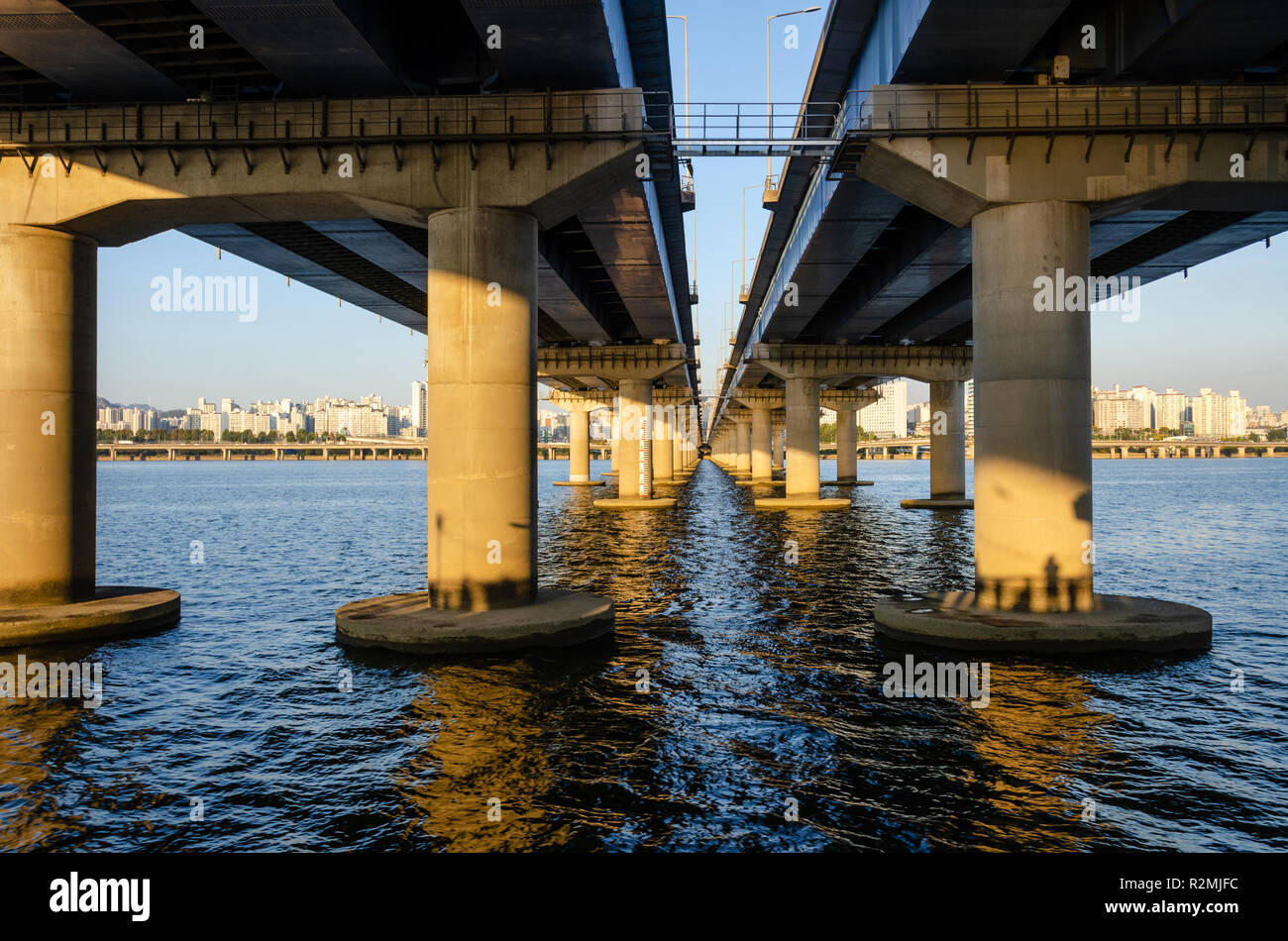 Passing underneath The Mapo Bridge which spans The River Han at Seoul