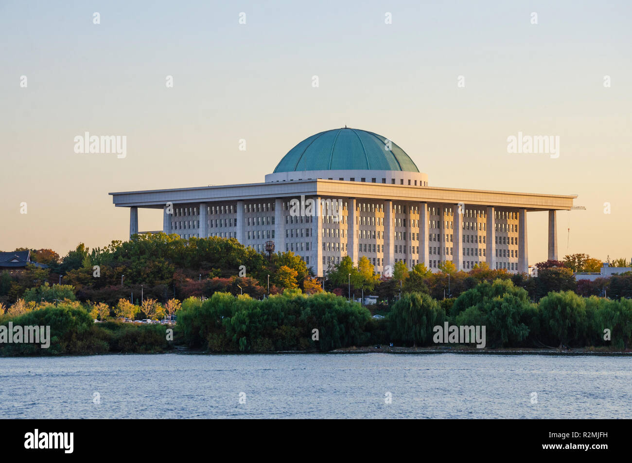The Korea National Assembly Proceeding Hall is the the home of The Korea National Addembly, the government of South Korea seen here from The River Han Stock Photo