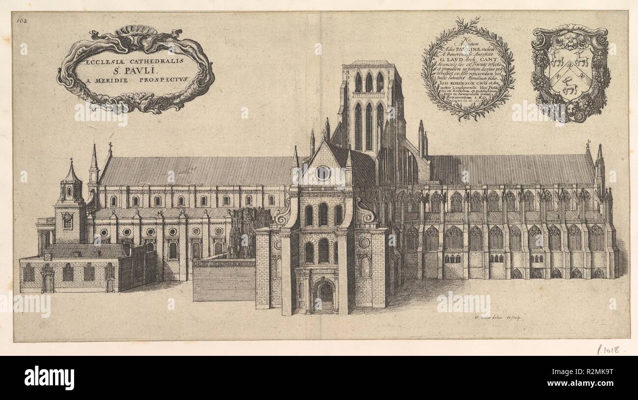 Saint Paul's, South side (Ecclesiae Cathedralis St. Pauli, A Meridi Prospectus). Artist: Wenceslaus Hollar (Bohemian, Prague 1607-1677 London). Dimensions: Sheet: 8 7/16 x 11 1/4 in. (21.5 x 28.5 cm). Series/Portfolio: William Dugdale, 'The history of St. Paul's Catherdral in London' , 1658. Date: 1658.  St. Paul's cathedral seen from the south. Similar to 1991.1336.1 (P. 1017), but shown without the spire over the crossing tower, which had been struck by lightning and burned in 1561. The portico erected by Charles I is shown, as are changes to the nave. This first state was issued in William  Stock Photo
