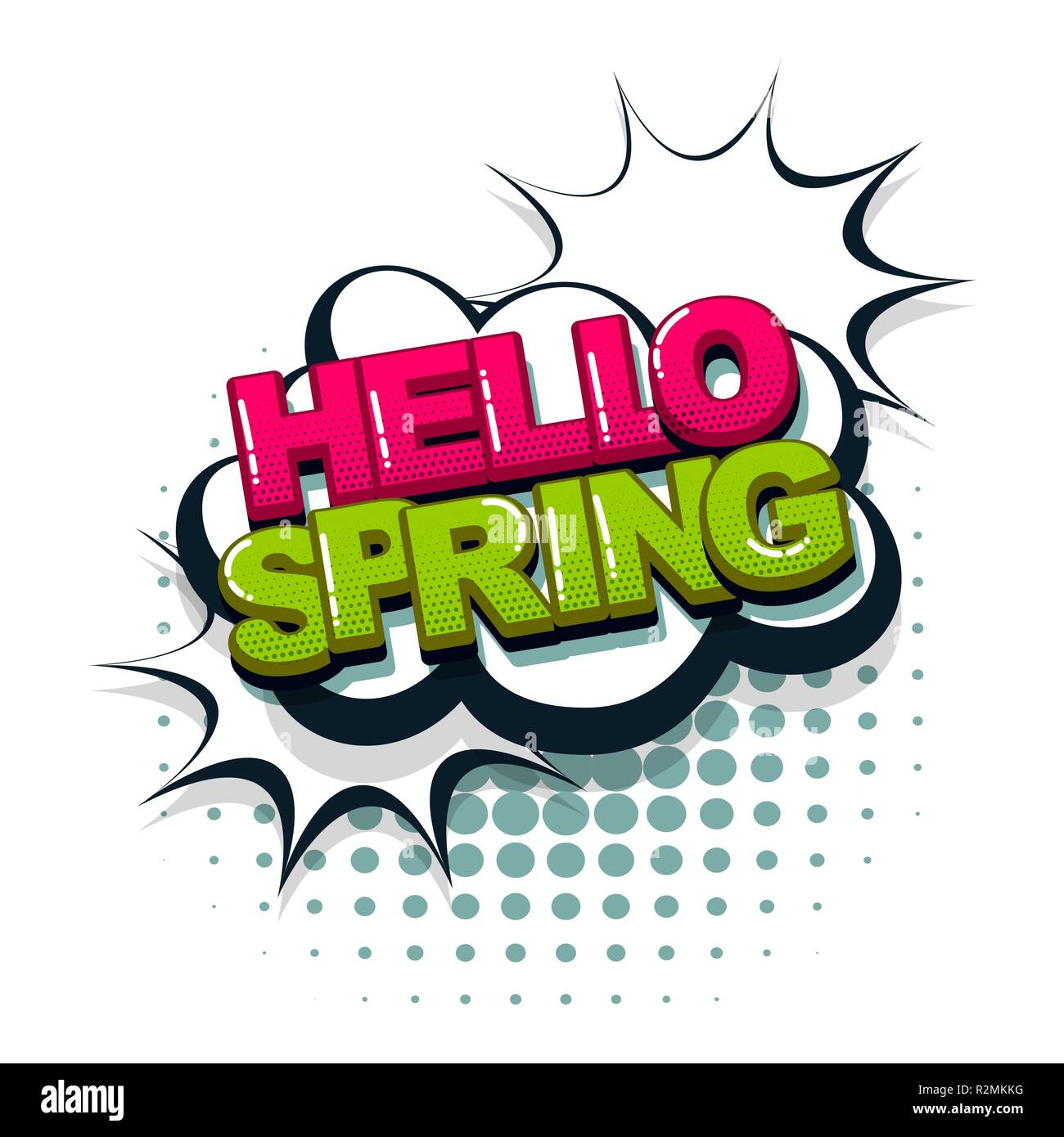 Hello spring comic text collection sound effects pop art style. Set