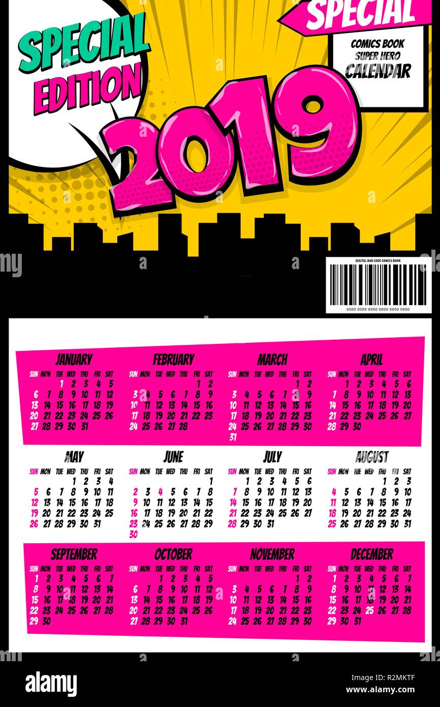 2019 retro comics book calendar template. Comic text pop art style halftone background. Speech bubble vintage colored poster. Vector super hero illust Stock Vector