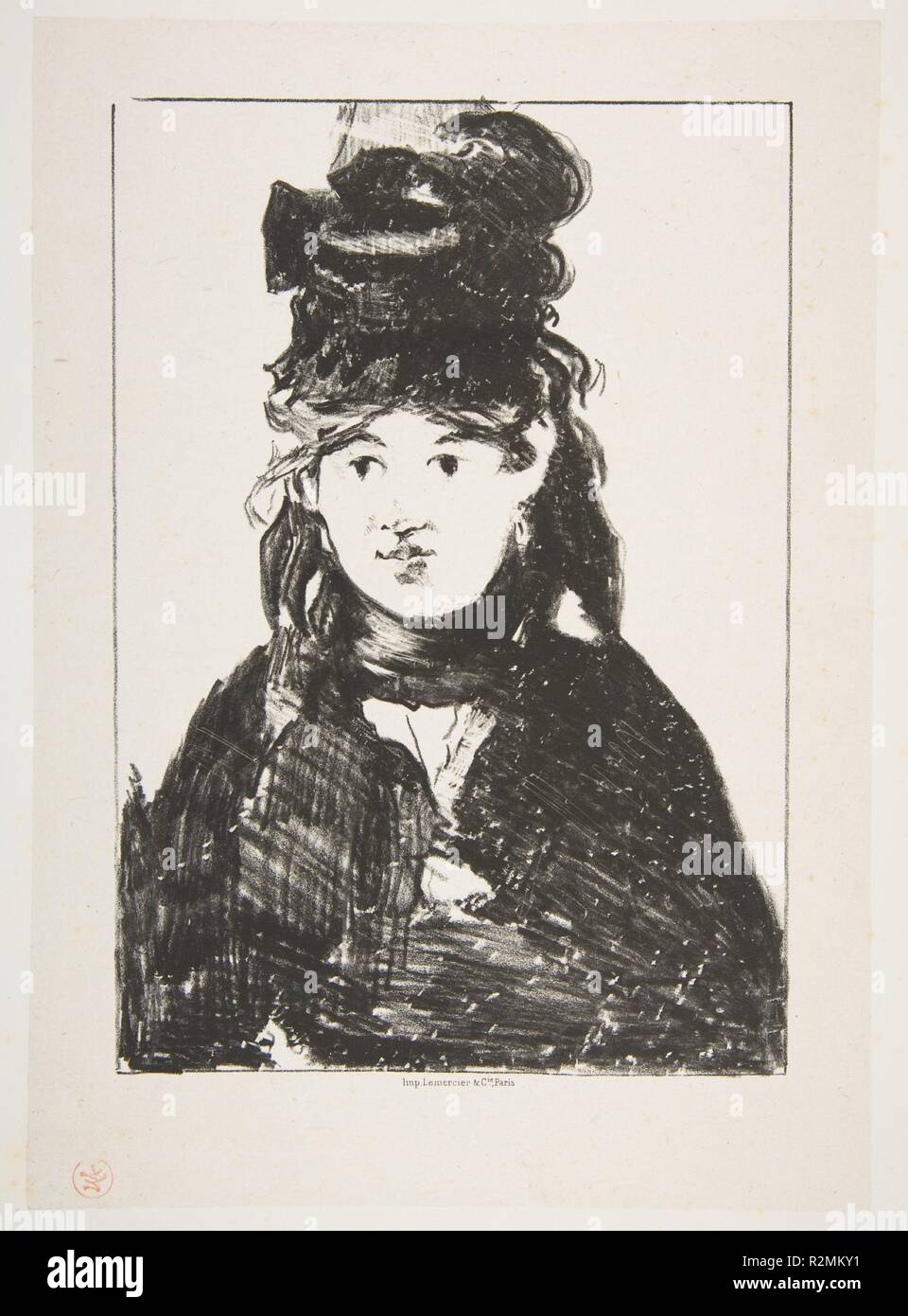 Berthe Morisot (In Black). Artist: Édouard Manet (French, Paris 1832-1883 Paris). Dimensions: Image: 9 13/16 x 6 15/16 in. (24.9 x 17.6 cm)  Sheet: 15 3/4 x 11 7/8in. (40 x 30.2cm). Printer: Lemercier & Cie. (French, Paris). Sitter: Portrait of Berthe Morisot (French, Bourges 1841-1895 Paris). Date: 1872-74. Museum: Metropolitan Museum of Art, New York, USA. Stock Photo