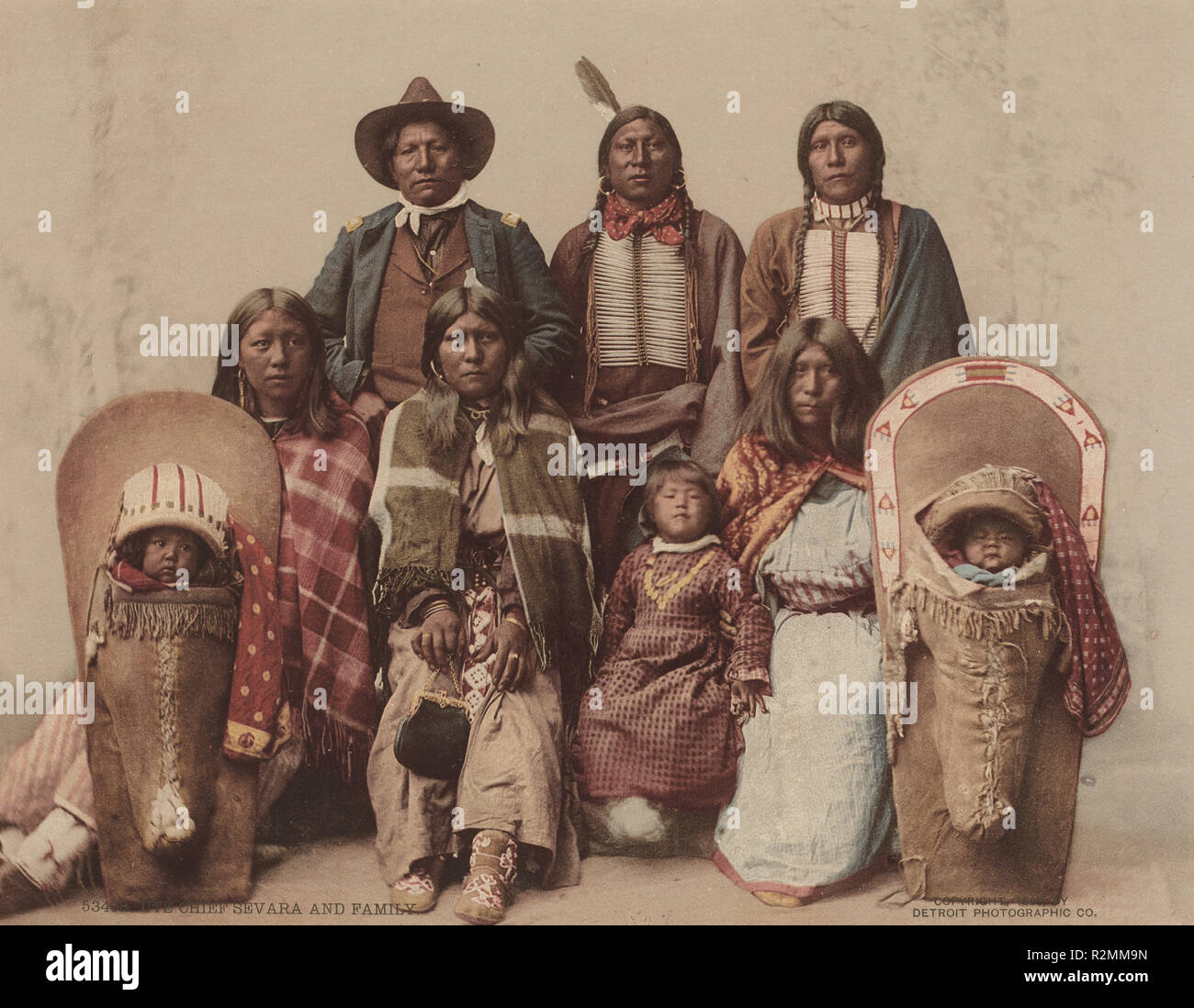 Ute Chief Sevara and Family. Dated: 1899. Dimensions: image: 6 15/16 x 9 in. (17.6 x 22.9 cm). Medium: photochrom. Museum: National Gallery of Art, Washington DC. Author: American 19th Century (Detroit Photographic Co. ). Stock Photo