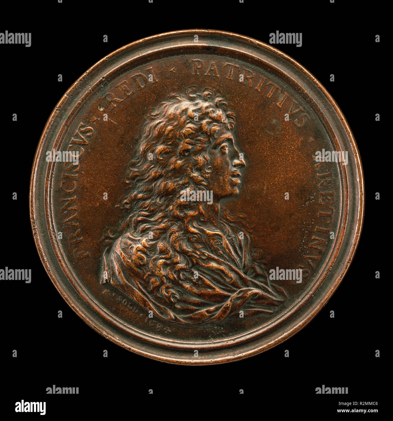 Francesco Redi, 1626-1697, Physician and Scientist [obverse]. Dated: 1684. Dimensions: overall (diameter): 8.76 cm (3 7/16 in.)  gross weight: 183.37 gr (0.404 lb.)  axis: 12:00. Medium: bronze. Museum: National Gallery of Art, Washington DC. Author: Massimiliano Soldani Benzi. Stock Photo