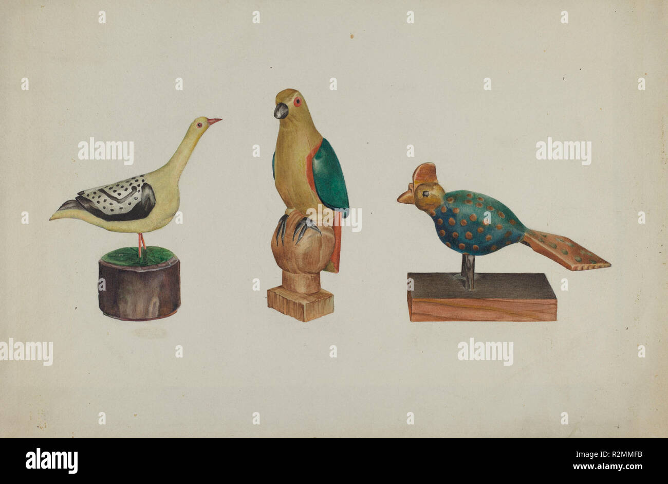 Pa. German Three Carved and Painted Birds. Dated: c. 1937. Dimensions: overall: 23.6 x 35.6 cm (9 5/16 x 14 in.)  Original IAD Object: 7' high. Medium: watercolor, graphite, and colored pencil on paper. Museum: National Gallery of Art, Washington DC. Author: Victor F. Muollo. Stock Photo