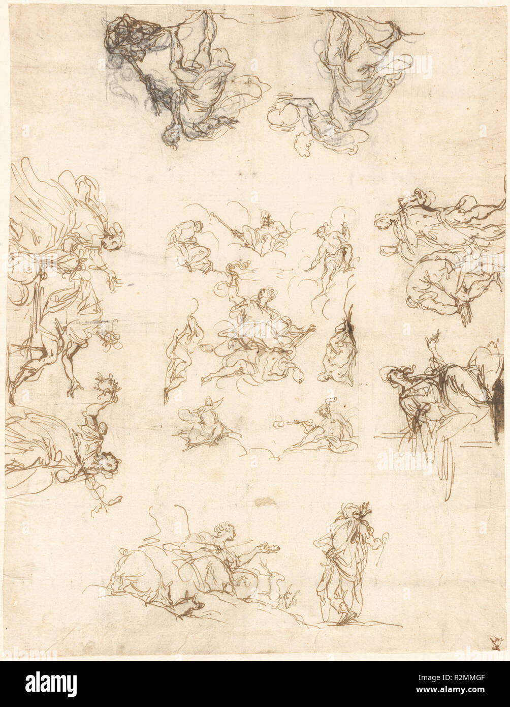 A Compartmented Ceiling with Allegories and Myths. Dated: 1590/1600. Medium: pen and brown ink over black chalk on laid paper. Museum: National Gallery of Art, Washington DC. Author: Alessandro Maganza. Stock Photo