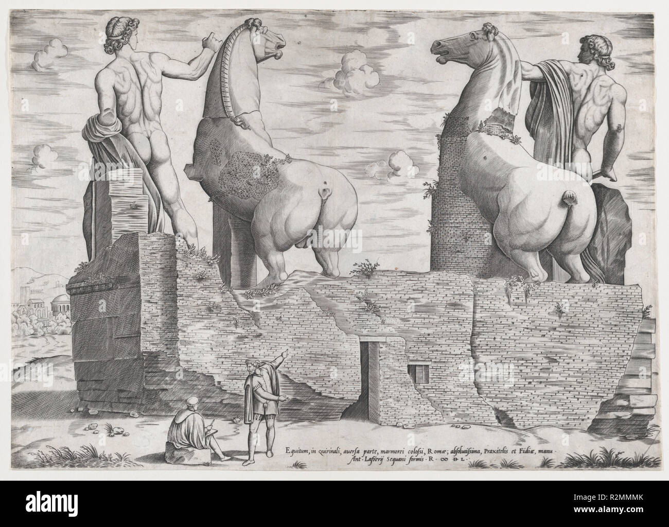 View of the Back of Statues of the Dioscuri at the Quirinal. Artist: Anonymous. Dimensions: sheet: 13 11/16 x 19 5/16 in. (34.7 x 49 cm). Publisher: Antonio Lafreri (French, Orgelet, Franche-Comte ca. 1512-1577 Rome). Series/Portfolio: Speculum Romanae Magnificentiae. Date: 1550.  Published as part of Antonio Lafreri's Speculum Romanae Magnificentiae (The Mirror of Roman Magnificence).  It is likely that individuals who purchased the prints from Lafreri made their own selections and had them bound. For a history of the publication of the Speculum prints, see Peter Parshall, 'Antonio Lafreri's  Stock Photo