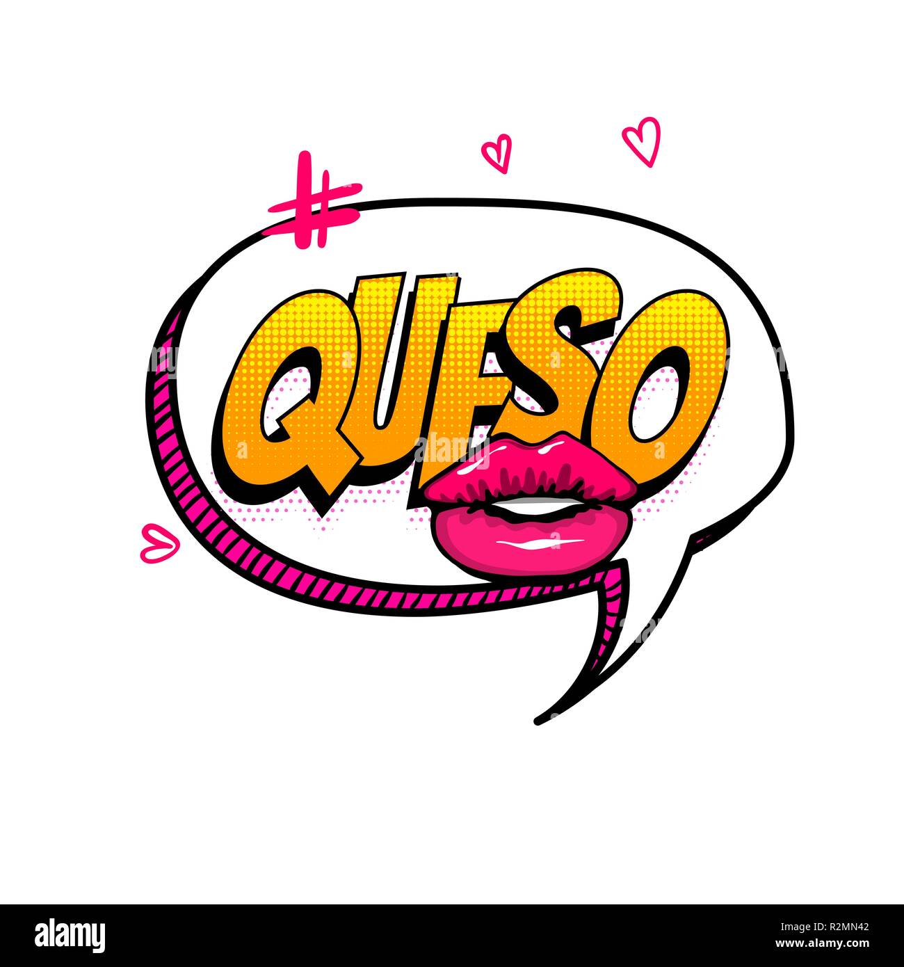 QUESO kiss lips hashtag spanish language comic text sound effects pop