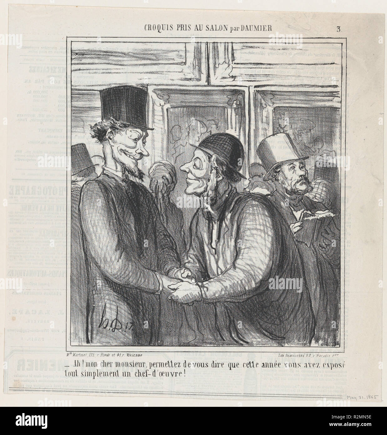 Ah, my dear sir, allow me to tell you that this year you have quite simply exhibited a masterpiece, from 'Sketches from the Salon,' published in Le Charivari, May 31, 1865. Artist: Honoré Daumier (French, Marseilles 1808-1879 Valmondois). Dimensions: Image: 9 3/16 × 8 3/16 in. (23.4 × 20.8 cm)  Sheet: 11 13/16 × 11 7/16 in. (30 × 29.1 cm). Printer: Destouches (Paris). Publisher: Aaron Martinet (French, 1762-1841). Series/Portfolio: 'Sketches from the Salon' (Croquis pris au Salon). Date: May 31, 1865. Museum: Metropolitan Museum of Art, New York, USA. Stock Photo