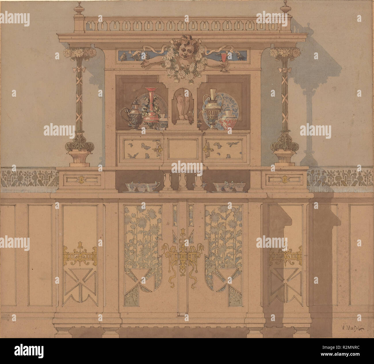 Design for Breakfront. Dated: 1900. Dimensions: image: 32.3 x 36 cm (12 11/16 x 14 3/16 in.). Medium: watercolor, gouache, and ink. Museum: National Gallery of Art, Washington DC. Author: Karel Vitezslav Masek. Stock Photo