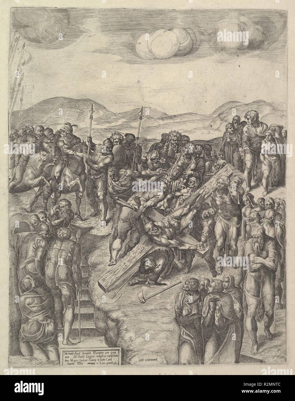 The Crucifixion of St Peter (after Michelangelo's Frescoes in the Pauline Chapel, Vatican Palace). Artist: After Michelangelo Buonarroti (Italian, Caprese 1475-1564 Rome); Michele Lucchese (Italian, active Rome, 1534-64). Dimensions: plate: 16 7/16 x 12 3/4 in. (41.8 x 32.4 cm)  sheet: 18 7/16 x 14 1/4 in. (46.8 x 36.2 cm). Publisher: Antonio Lafreri (French, Orgelet, Franche-Comte ca. 1512-1577 Rome). Date: 1550-60.  See: B. Barnes, 'Michelangelo in Print: Reproductions as Response in the Sixteenth Century', 2010, no.66. Museum: Metropolitan Museum of Art, New York, USA. Stock Photo