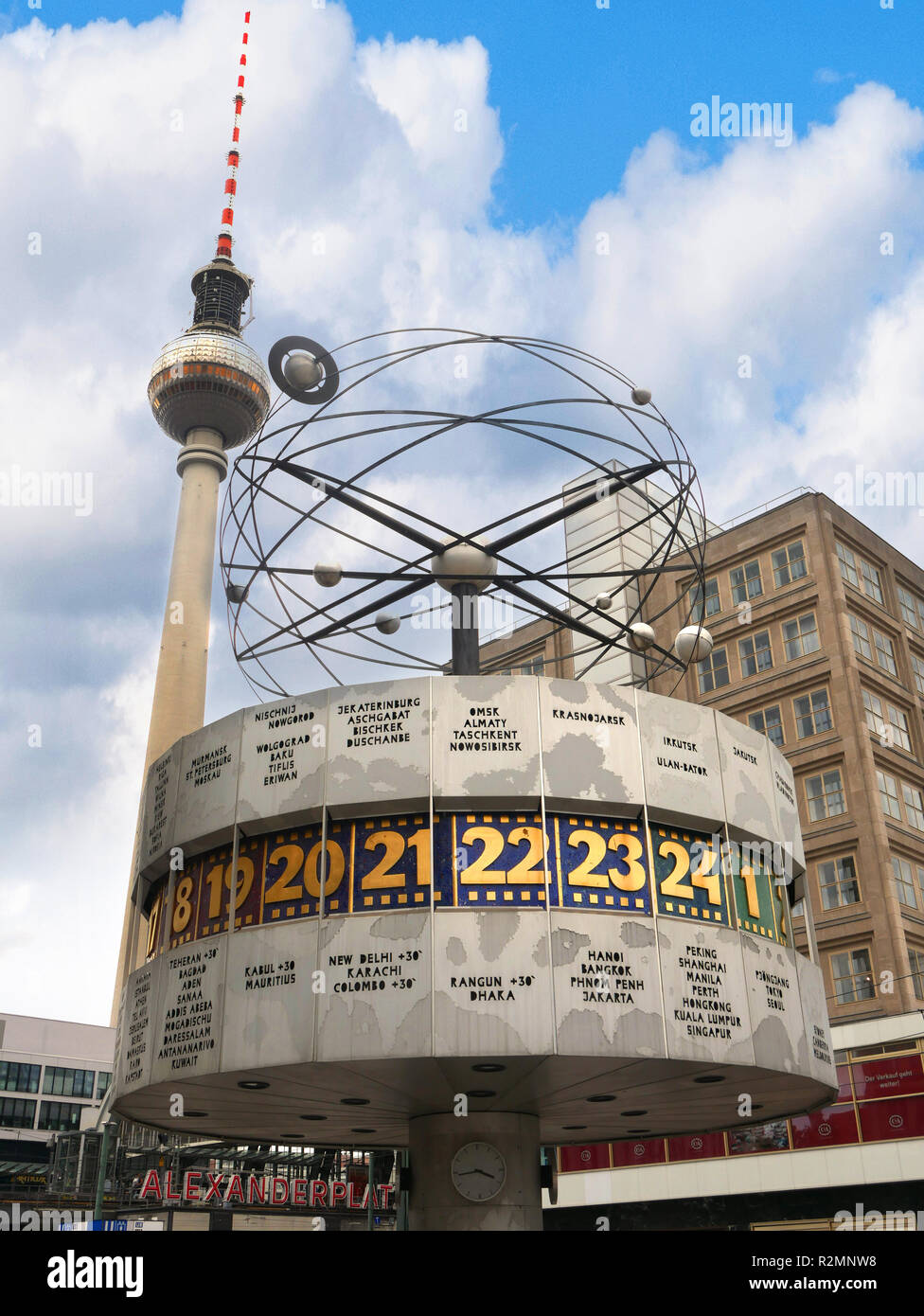 World Clock showing times across the world in the busy Alexanderplatz ...