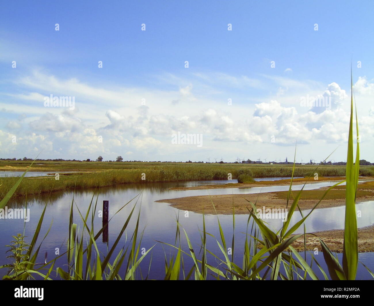 grass landscape with lake and islands Stock Photo