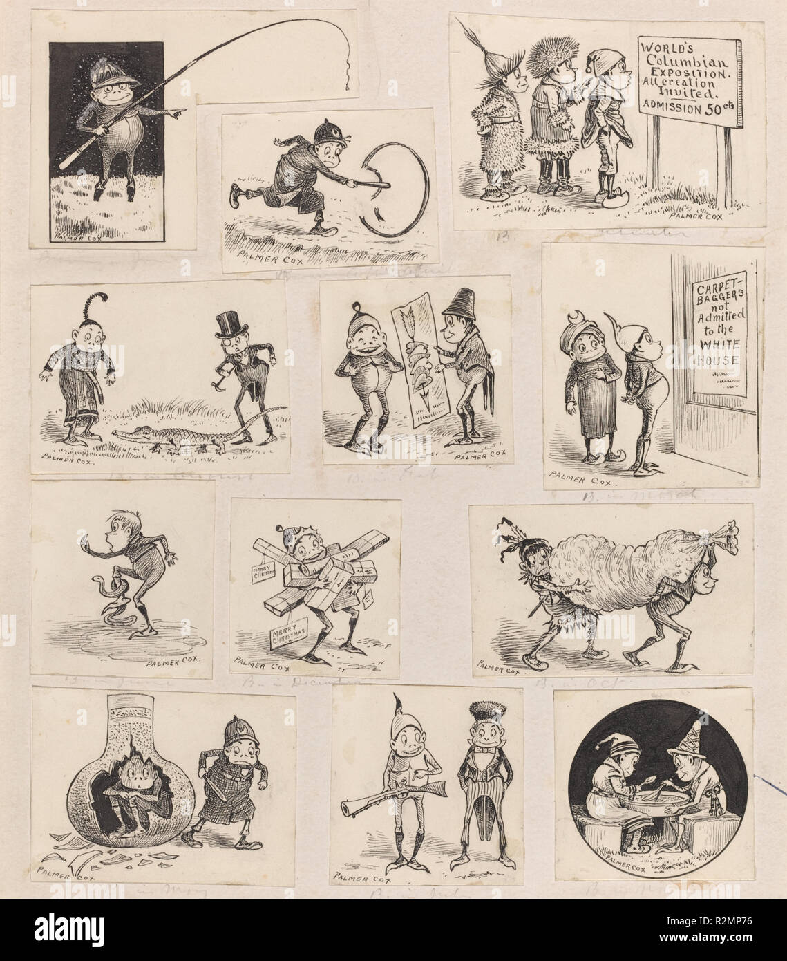 Brownies at Home - Twelve Vignettes. Dated: c. 1893. Dimensions: support: 33.2 x 28 cm (13 1/16 x 11 in.). Medium: pen and black ink on twelve pieces of wove paper. Museum: National Gallery of Art, Washington DC. Author: Palmer Cox. Stock Photo