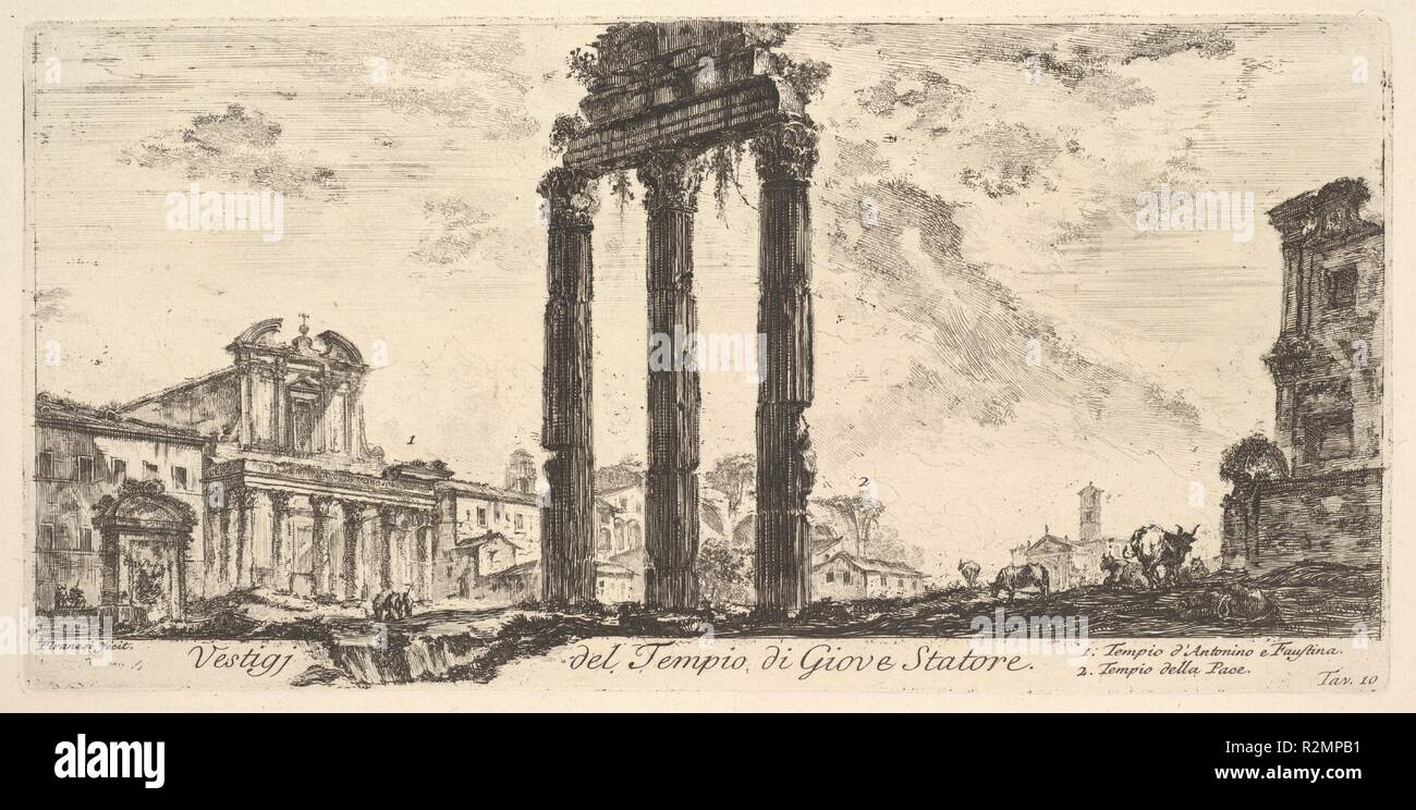 Plate 10: Ruins of the Temple of Jupiter Stator (Jupiter the Supporter). 1. Temple of Antoninus and Faustina. 2. Temple of Peace. (Vestigi del Tempio di Giove Statore. 1. Tempio d'Antonino e Faustina. 2. Tempio della Pace.). Artist: Giovanni Battista Piranesi (Italian, Mogliano Veneto 1720-1778 Rome). Dimensions: Plate: 5 3/16 × 10 9/16 in. (13.2 × 26.9 cm)  Sheet: 13 1/16 × 18 3/4 in. (33.1 × 47.6 cm). Series/Portfolio: Antichità Romane de' Tempi della Repubblica, e de' primi Imperatori (Roman Antiquity of the Time of the Republic and the First Emperors). Date: ca. 1748. Museum: Metropolitan  Stock Photo