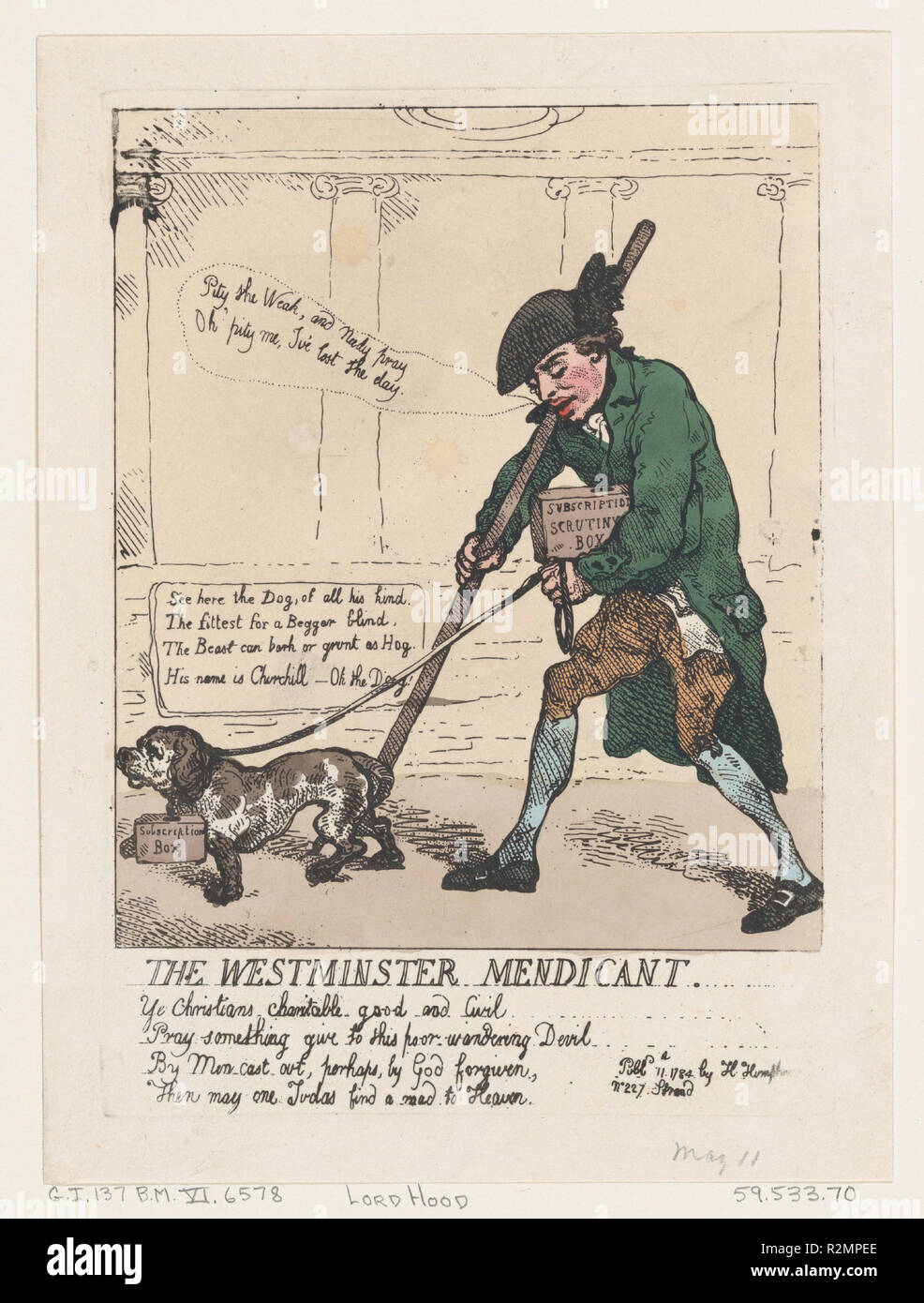 The Westminster Mendicant. Artist: Thomas Rowlandson (British, London 1757-1827 London). Dimensions: Sheet: 9 1/4 × 6 7/8 in. (23.5 × 17.4 cm)  Plate: 8 5/16 × 5 7/8 in. (21.1 × 14.9 cm). Published in: London. Publisher: Hannah Humphrey (London). Subject: Sir Cecil Wray (British, Yorkshire 1734-1805 Lincolnshire). Date: May 11, 1784. Museum: Metropolitan Museum of Art, New York, USA. Stock Photo