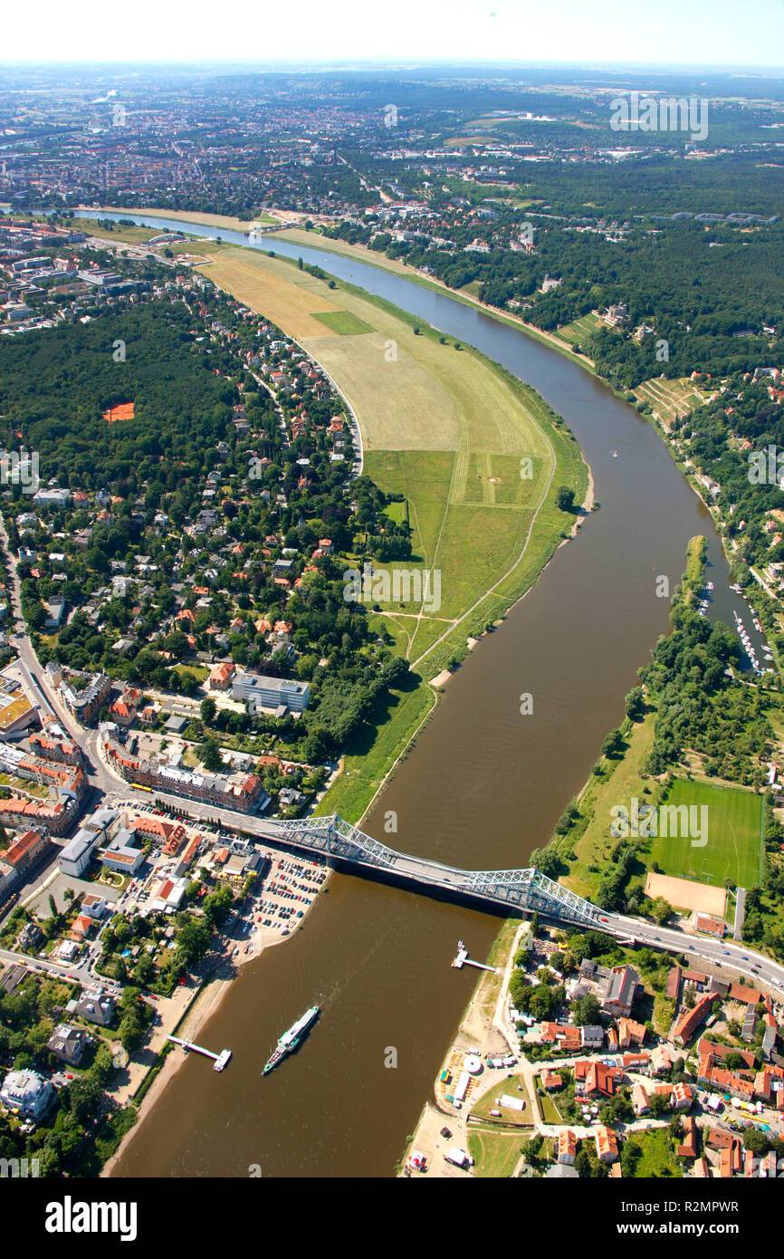 Elbe, bridge, Blaues Wunder, new Elbe bridge, world cultural heritage, aerial view, waterway, Dresden, Saxony, Germany, Europe, Stock Photo