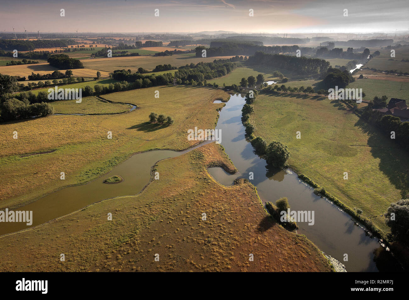 Aerial view, Lippe floodplains in the morning mist, Lippe meander, renaturation, LifeProjekt of the state government NRW, Hamm, Ruhr area, North Rhine-Westphalia, Germany, Europe, Stock Photo