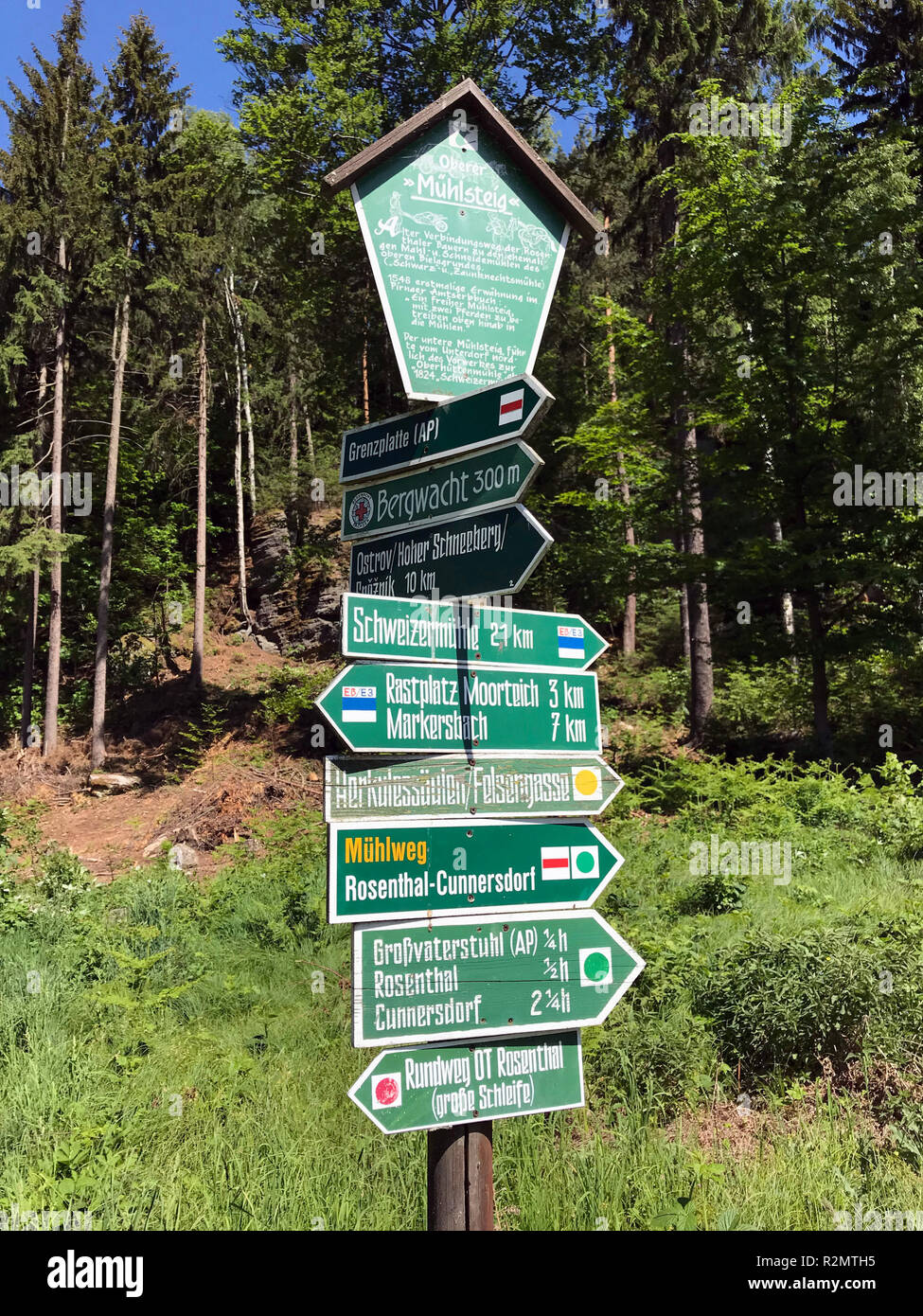 Hiking signs in Bielatal in the Saxon Switzerland Stock Photo - Alamy