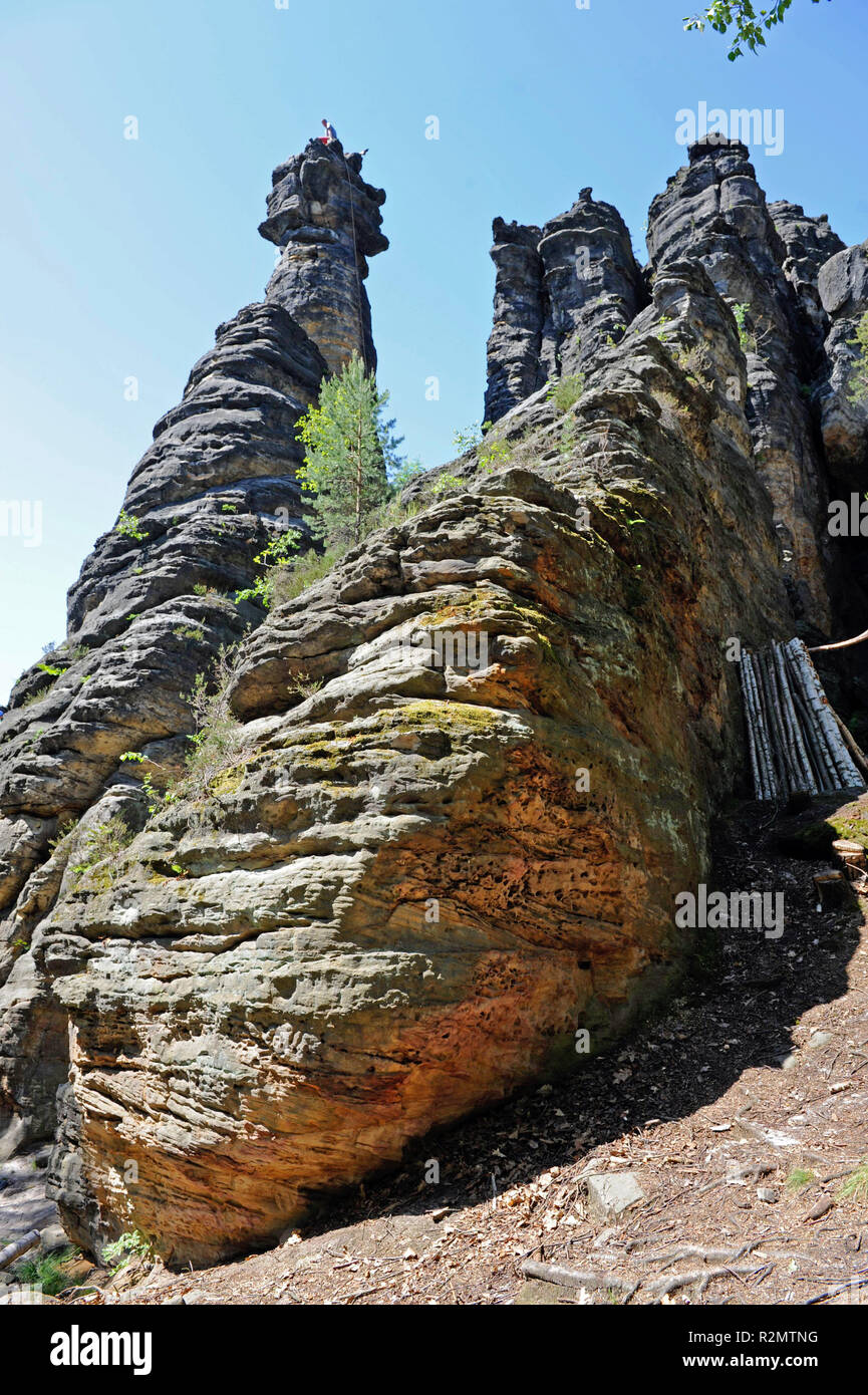 The romantic Bielatal with the bizarre climbing rock small and big Hercules' Pillars is one of the most popular hiking destinations in the Saxon Switzerland. Stock Photo