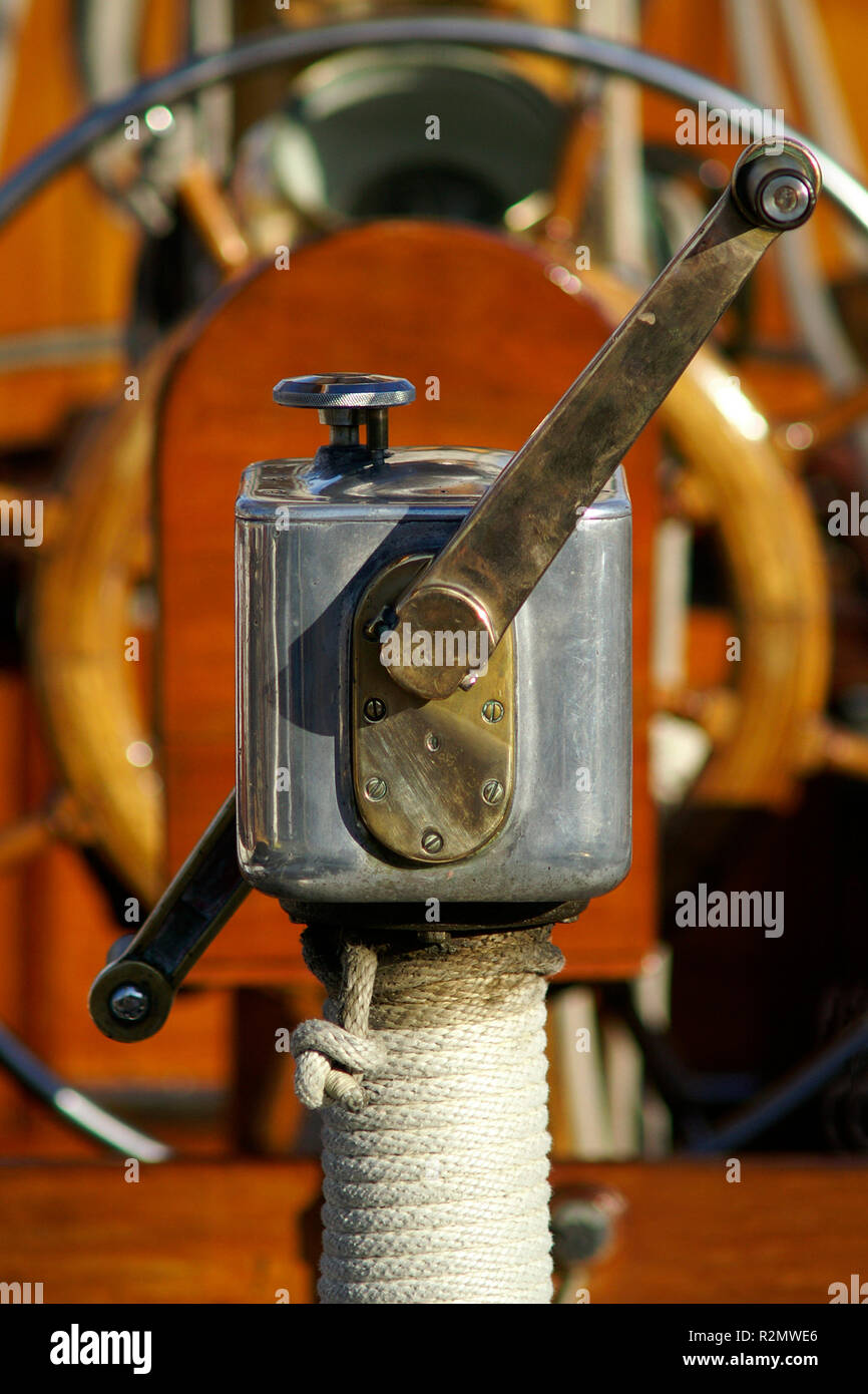 winch on a classic yacht Stock Photo Alamy