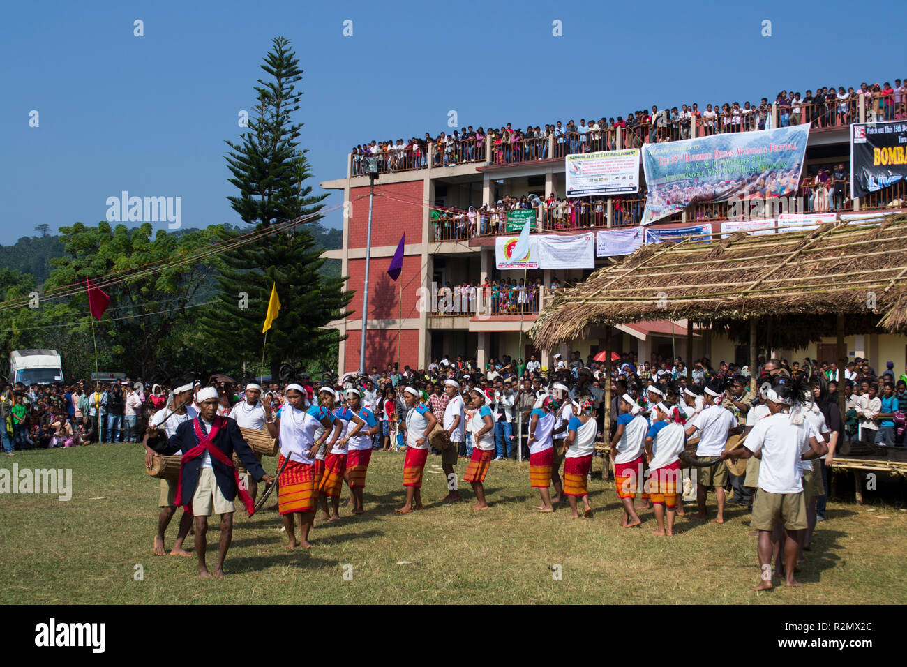 Meghalaya, India. Tribal group performs during One Hundred Drums Festival Stock Photo