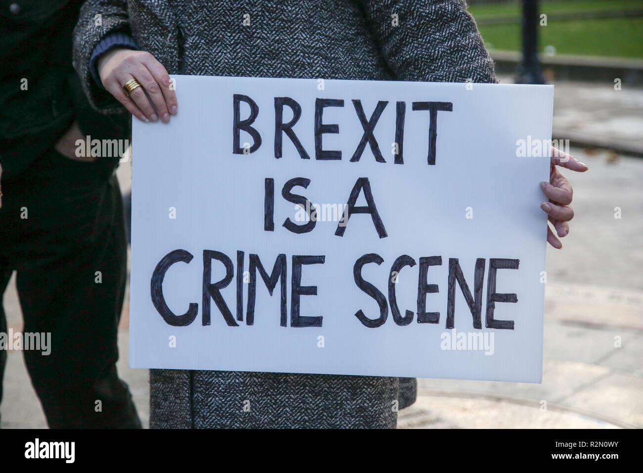 A pro-EU protester from SODEM (Stand in Defiance European Movement)  demonstrates outside the Palace of Westminster in central London ahead of the crucial week of Brexit negotiations as Prime Minister Theresa May prepares to meet Chief negotiator Michel Barnier later this week to discuss the withdrawal deal. Stock Photo