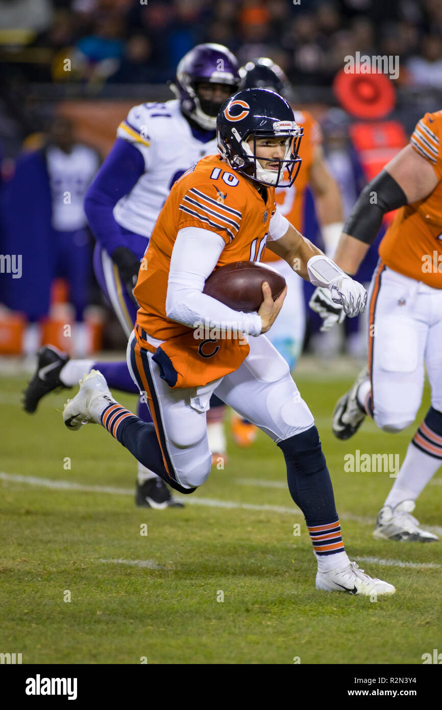 January 06, 2019: Chicago, Illinois, U.S. - Bears #58 Roquan Smith runs on  to the field before the NFL Playoff Game between the Philadelphia Eagles  and Chicago Bears at Soldier Field in