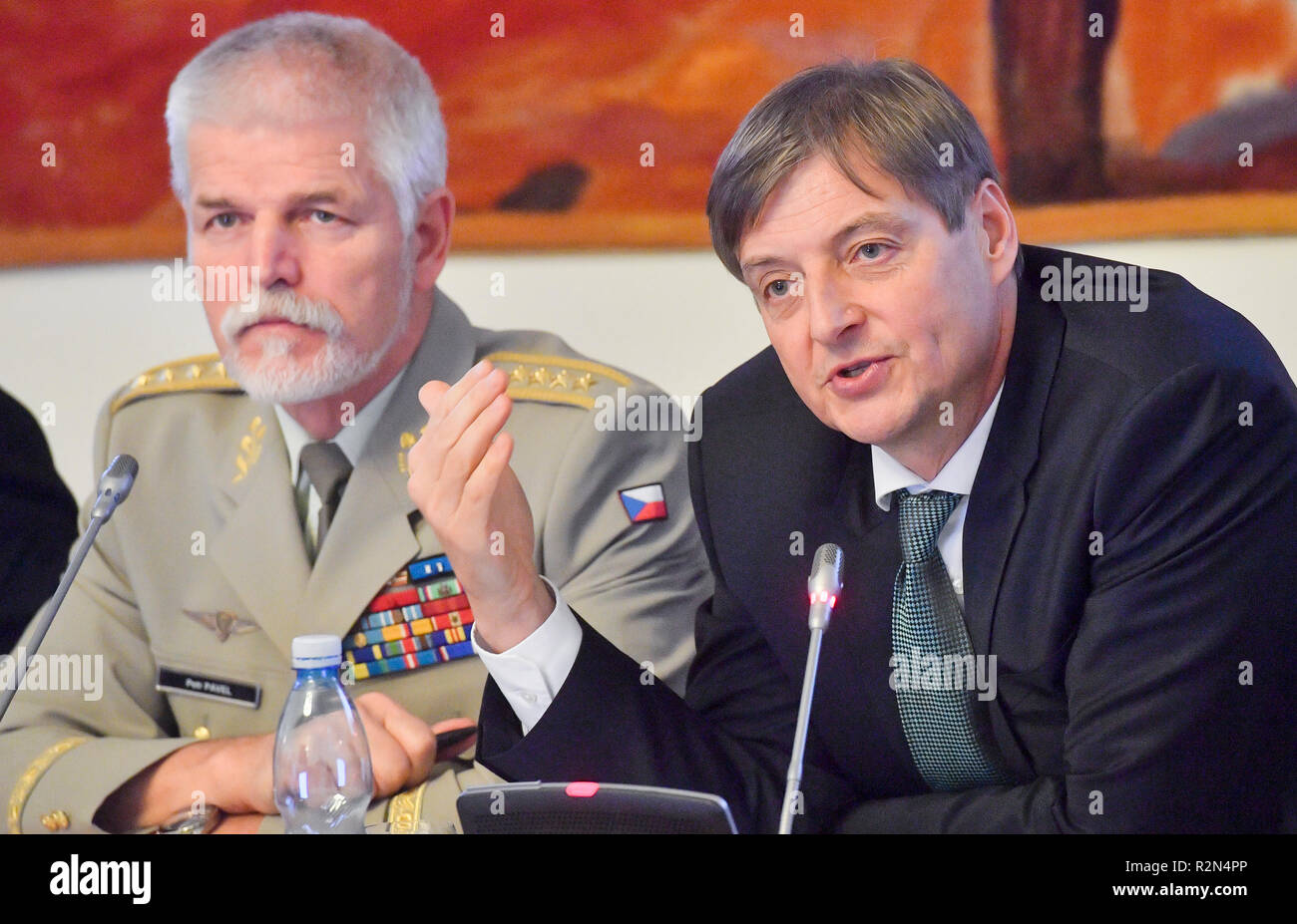 Prague, Czech Republic. 20th Nov, 2018. L-R former NATO military committee chief Petr Pavel and Deputy Director of the NATO Public Diplomacy Division Petr Lunak attend the international conference on current security risks, in Prague, Czech Republic, on November 20, 2018. Credit: Vit Simanek/CTK Photo/Alamy Live News Stock Photo