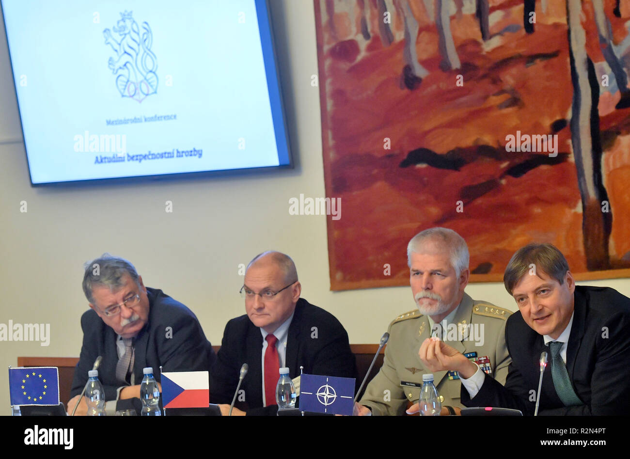 Prague, Czech Republic. 20th Nov, 2018. L-R National Office for Cyber and Information Security (NUKIB) head Dusan Navratil, energy security expert Vaclav Bartuska, former NATO military committee chief Petr Pavel and Deputy Director of the NATO Public Diplomacy Division Petr Lunak attend the international conference on current security risks, in Prague, Czech Republic, on November 20, 2018. Credit: Vit Simanek/CTK Photo/Alamy Live News Stock Photo