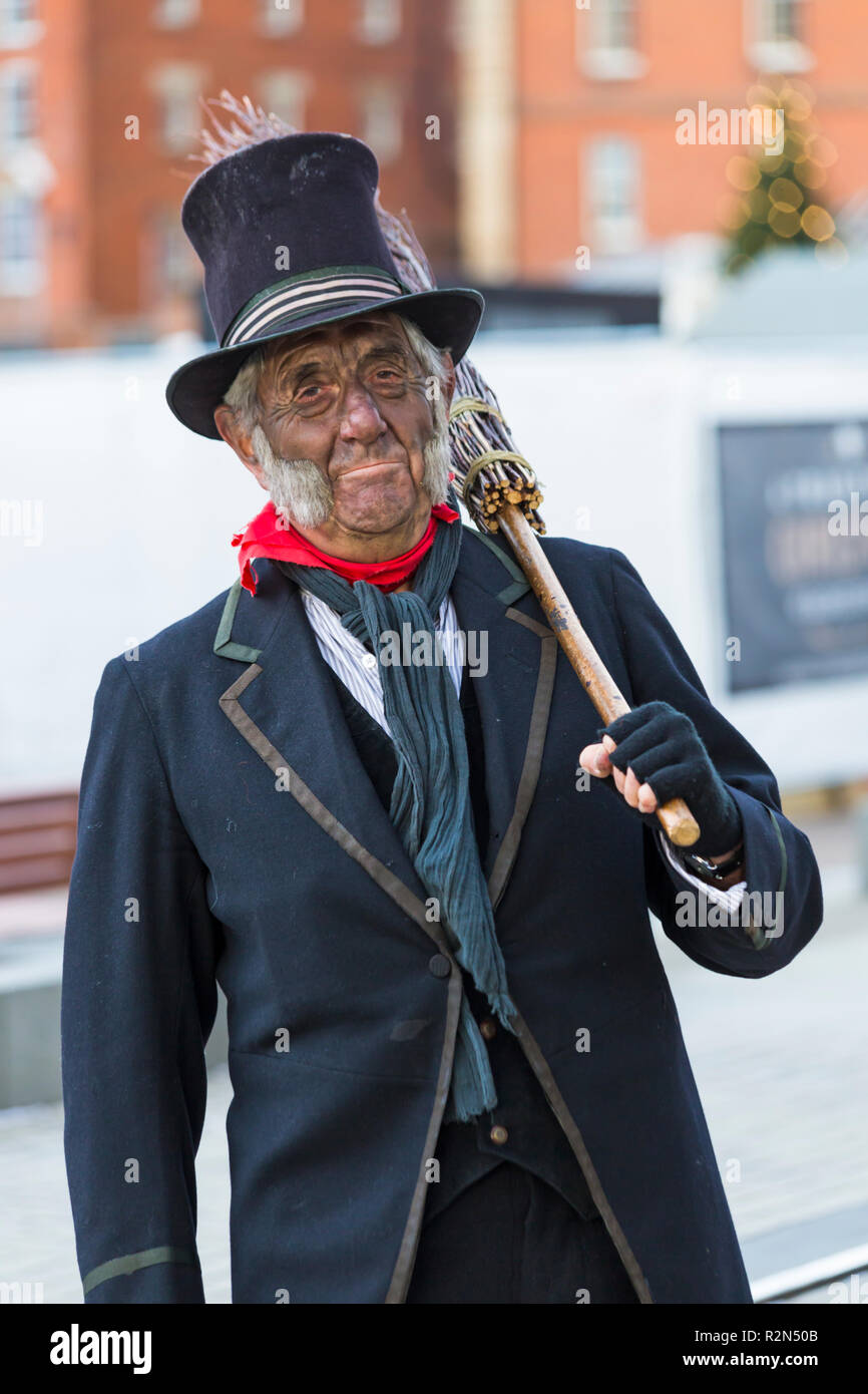 Gloucester, Gloucestershire, UK. 19th Nov, 2018. Gloucester Quays award winning Victorian Christmas Market, the biggest free entry Victorian Christmas Market in the South West. Chimney sweep. Credit: Carolyn Jenkins/Alamy Live News Stock Photo