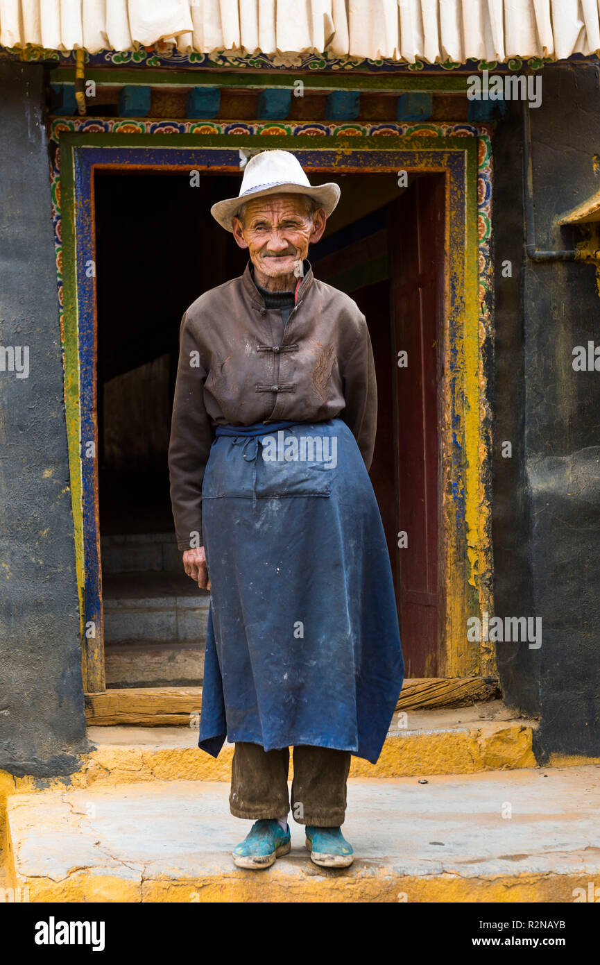 Tsethang, old town, man with hat Stock Photo