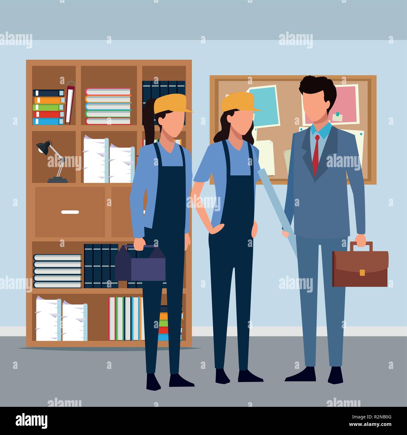 women construction workers and architect with briefcase inside office