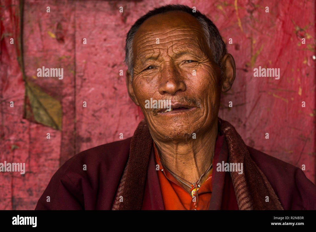 Monk in the monastery Drigung Thel, portrait Stock Photo