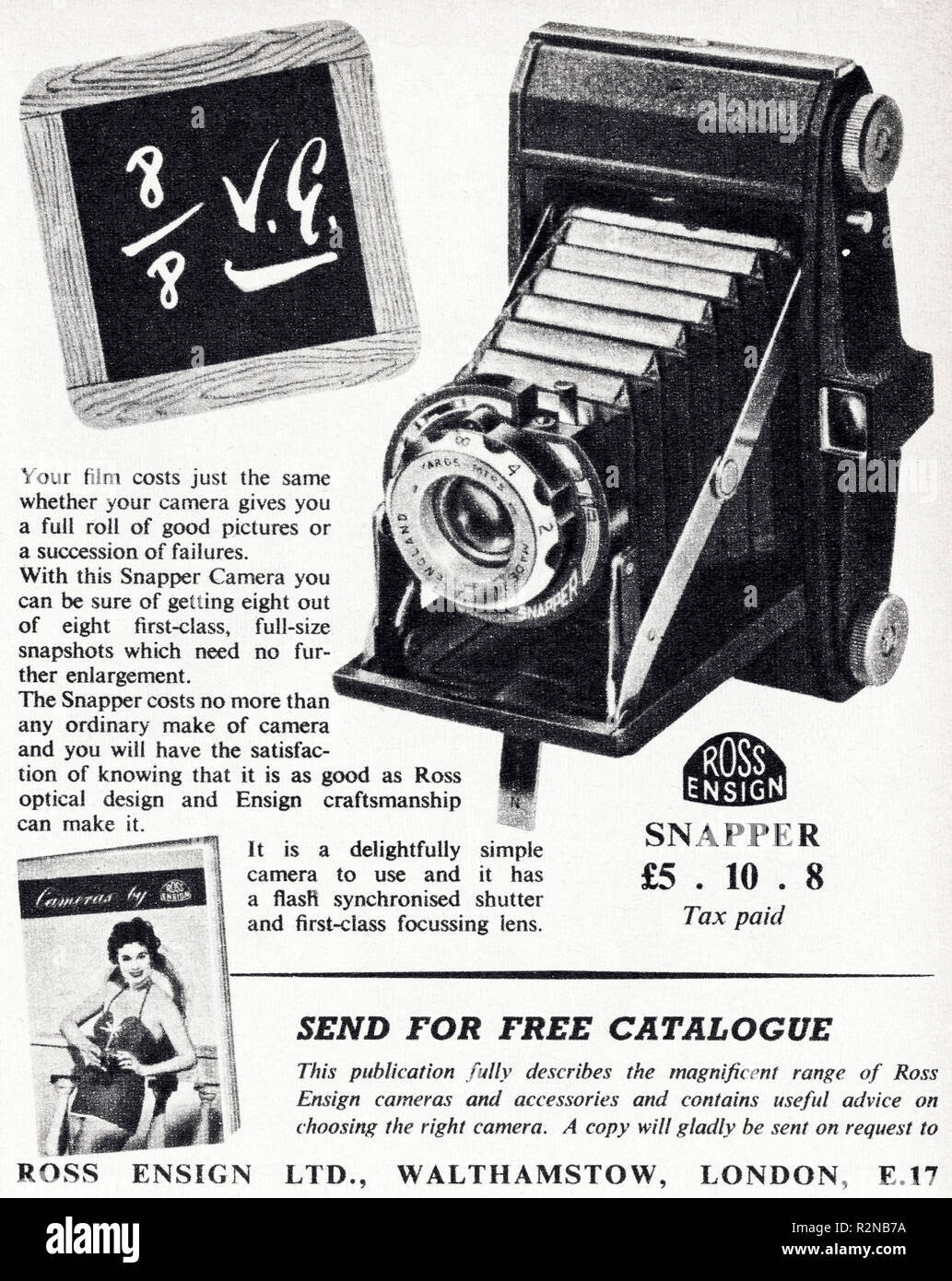 Original 1950s vintage old print advertisement from English magazine advertising The Snapper film camera by Ross Ensign circa 1954 Stock Photo