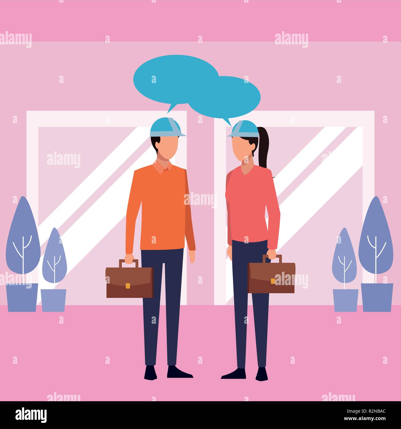 Architects talking with briefcases inside office building vector