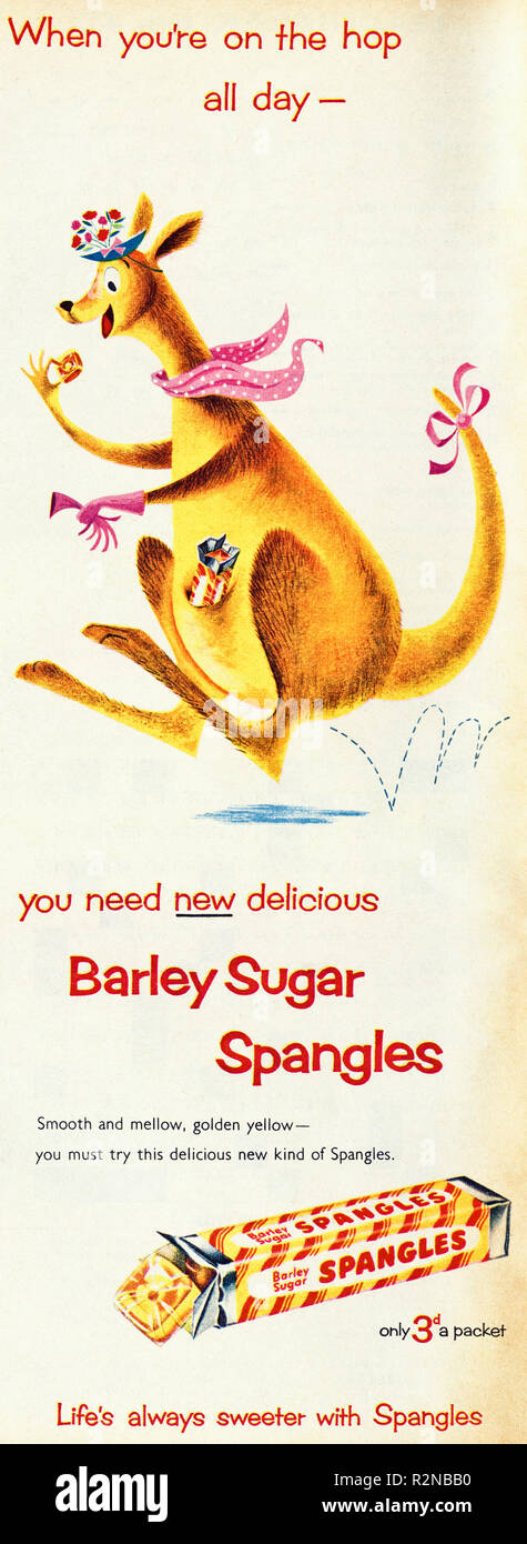 Original 1950s vintage old print advertisement from English magazine advertising Barley Sugar Spangles circa 1954 Stock Photo