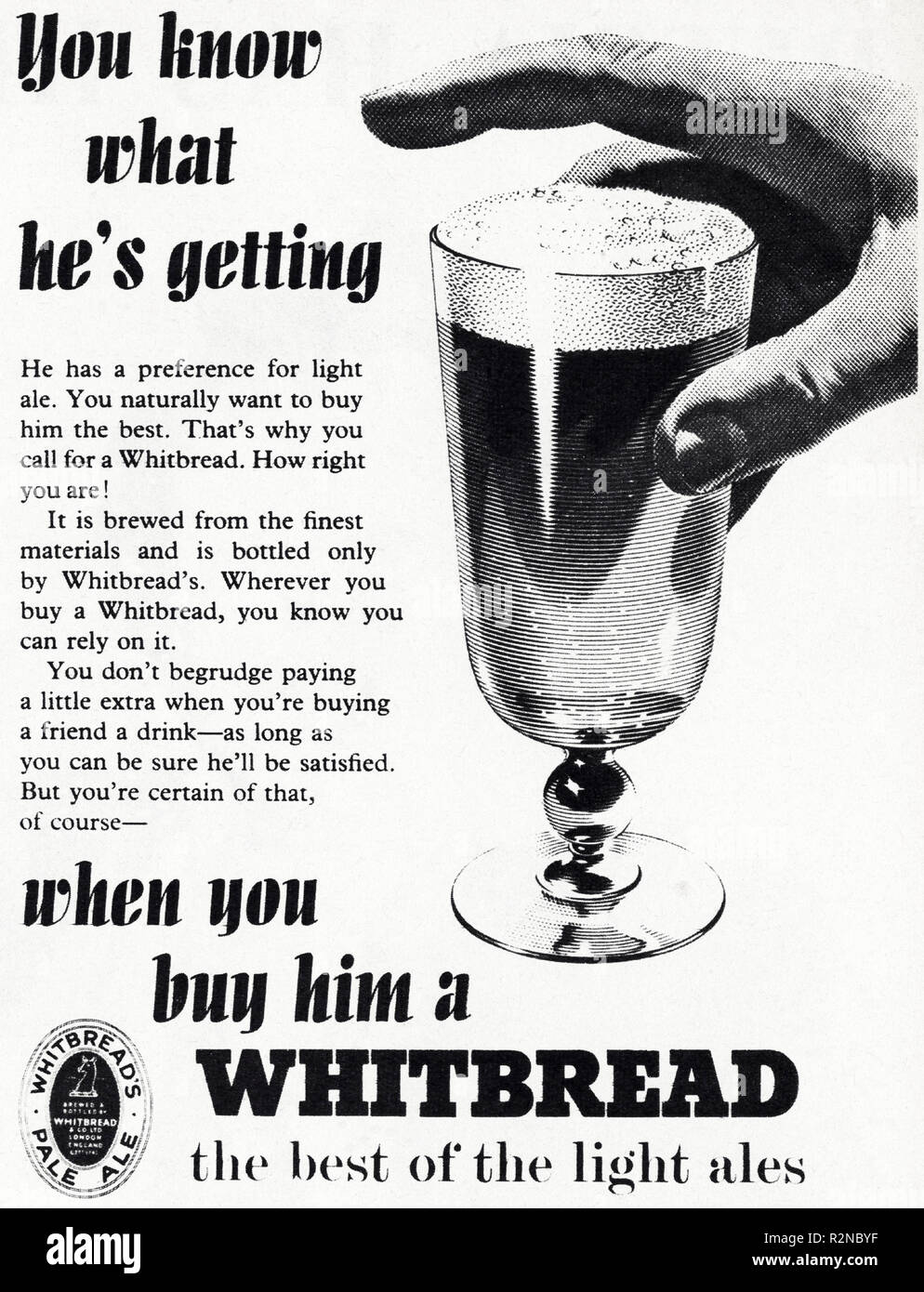 Original 1950s vintage old print advertisement from English magazine advertising Whitbread Pale Ale beer circa 1954 Stock Photo