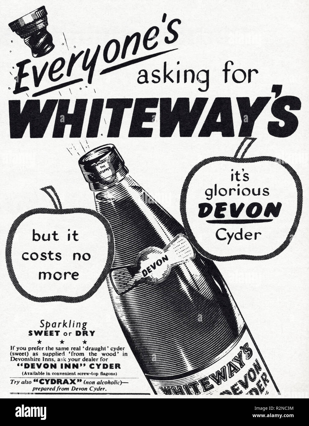 Original 1950s vintage old print advertisement from English magazine advertising Whiteway's Devon Cyder circa 1954 Stock Photo