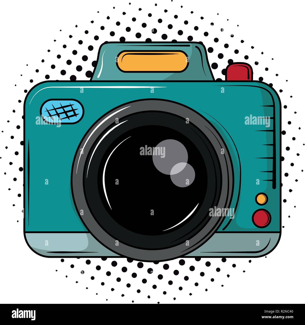 Vintage photographic camera cartoon pop art over dotted background Stock Vector