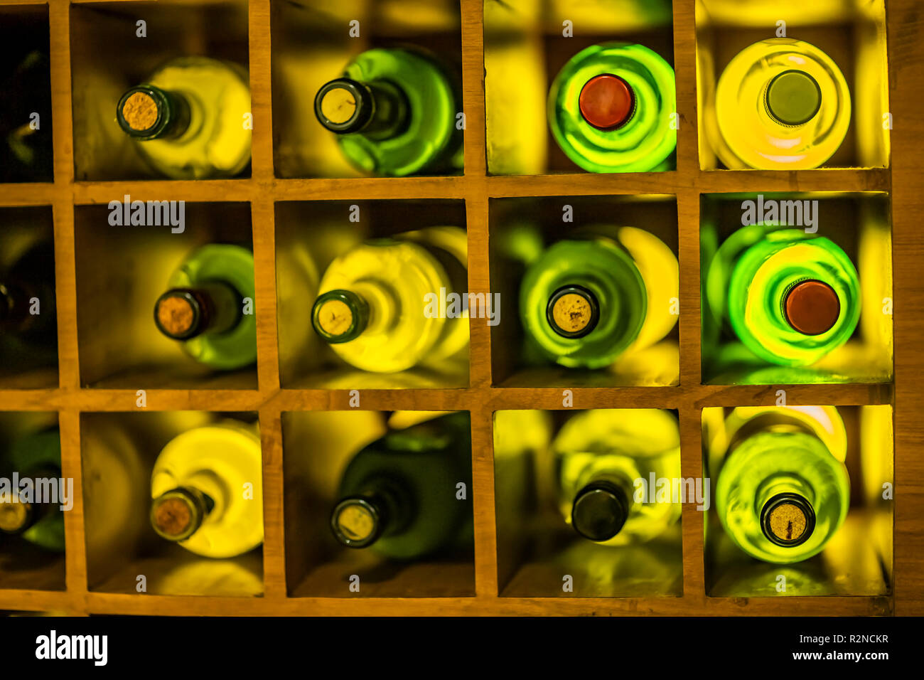 Vintage large wine bottles. Wine cellar, storage of wine Stock Photo