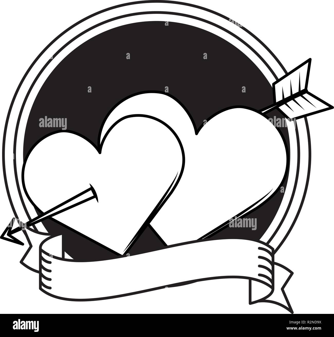 Arrow Through Hearts Love Cartoon Round Frame With Blank Ribbon