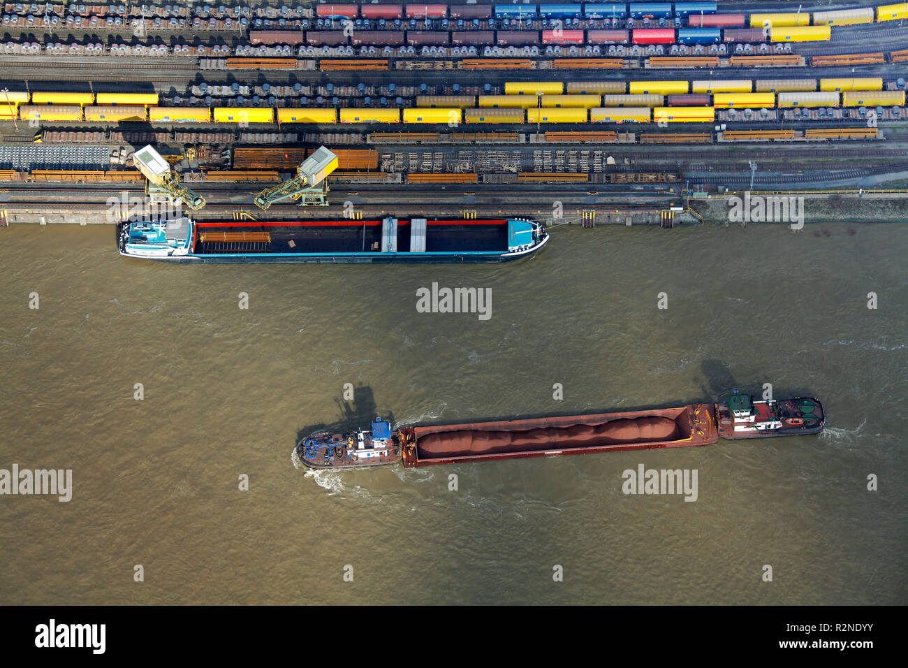 Bulk carriers, Inland navigation, Coal quenching, Port, ThyssenKrupp Steel Harbor, Walsum, Duisburg, Ruhr area, North Rhine-Westphalia, Germany, Europe, Stock Photo