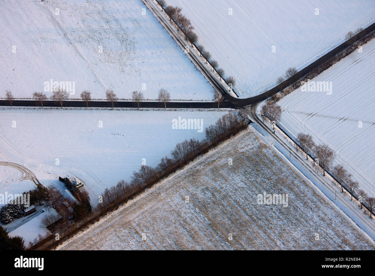 Aerial view, Crossroads, Road junction, Snow, Lehmhegge, Olfen, Ruhr area, North Rhine-Westphalia, Germany, Europe, Stock Photo