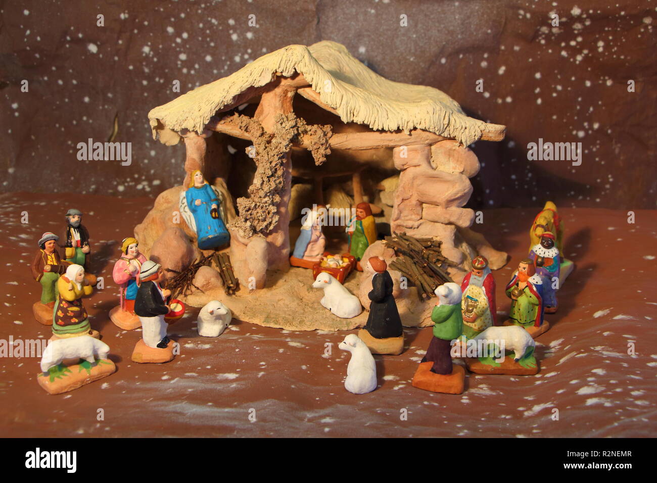 Traditional nativity scene with provencal Christmas crib figures in terracotta Stock Photo