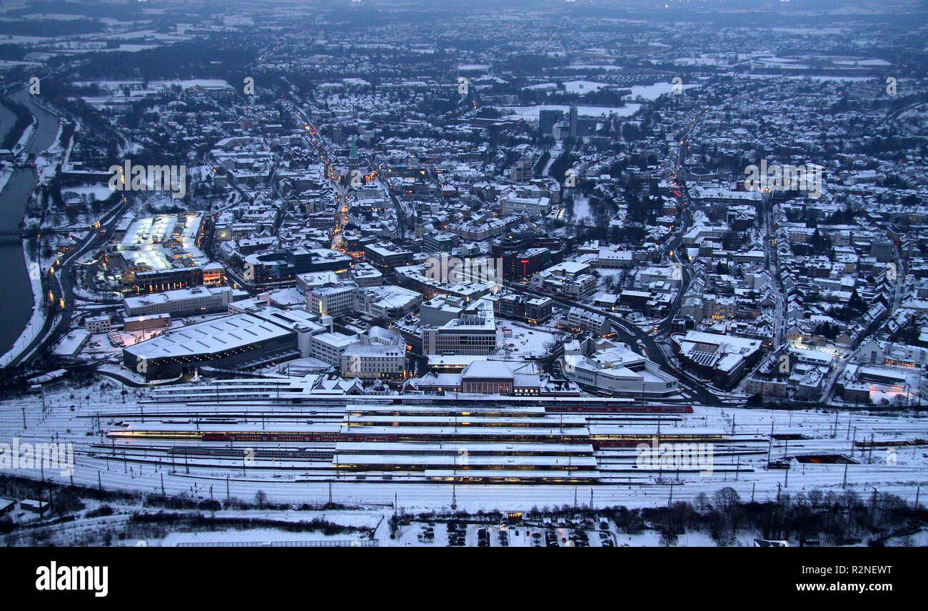 Aerial view, Hamm main station, Heinrich-Kleist-Forum, Hamm, Ruhr area, snow, dusk, North Rhine-Westphalia, Germany, Europe, Stock Photo