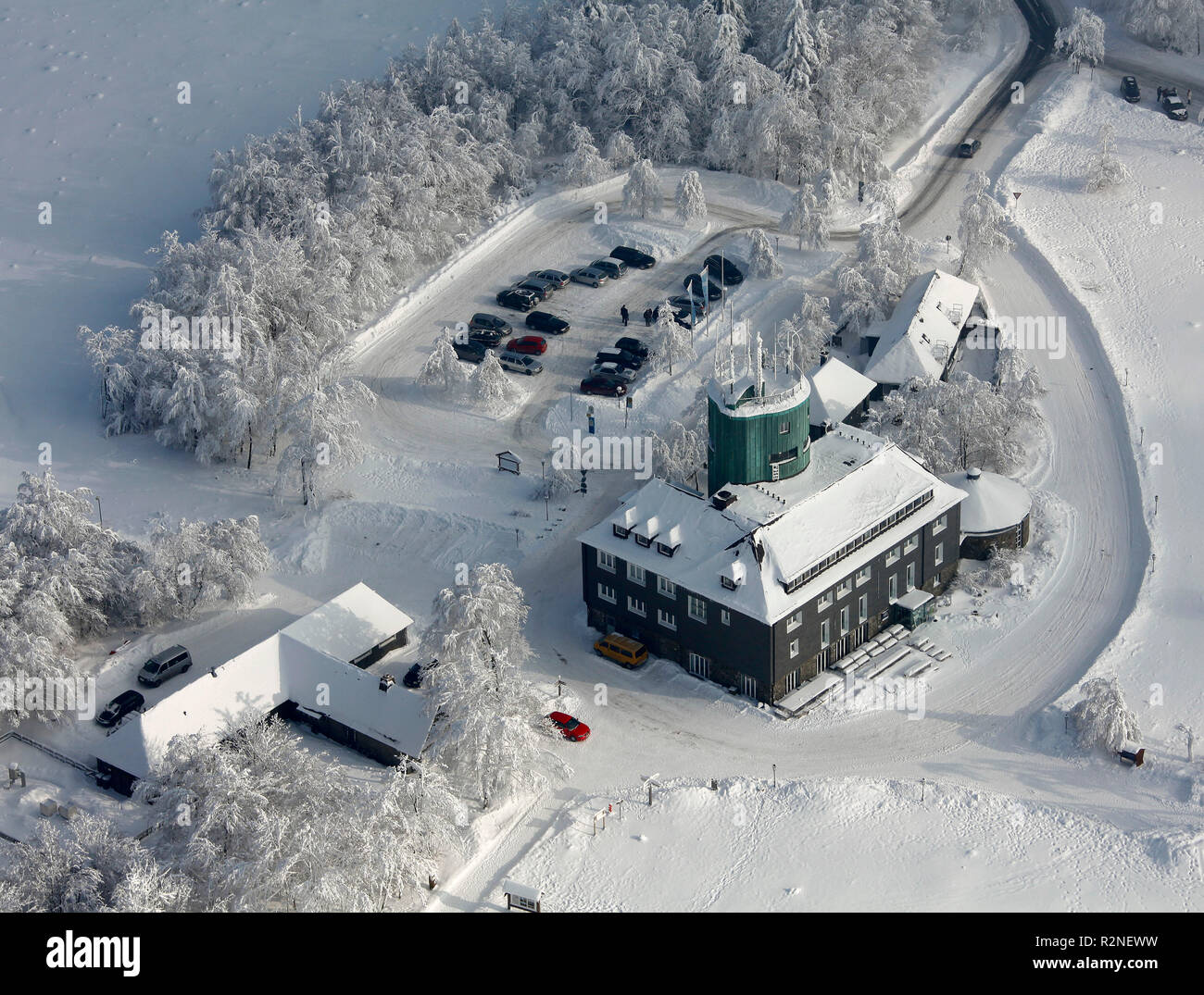 Aerial view, Kahler Asten, weather station, iced fir trees, walkers