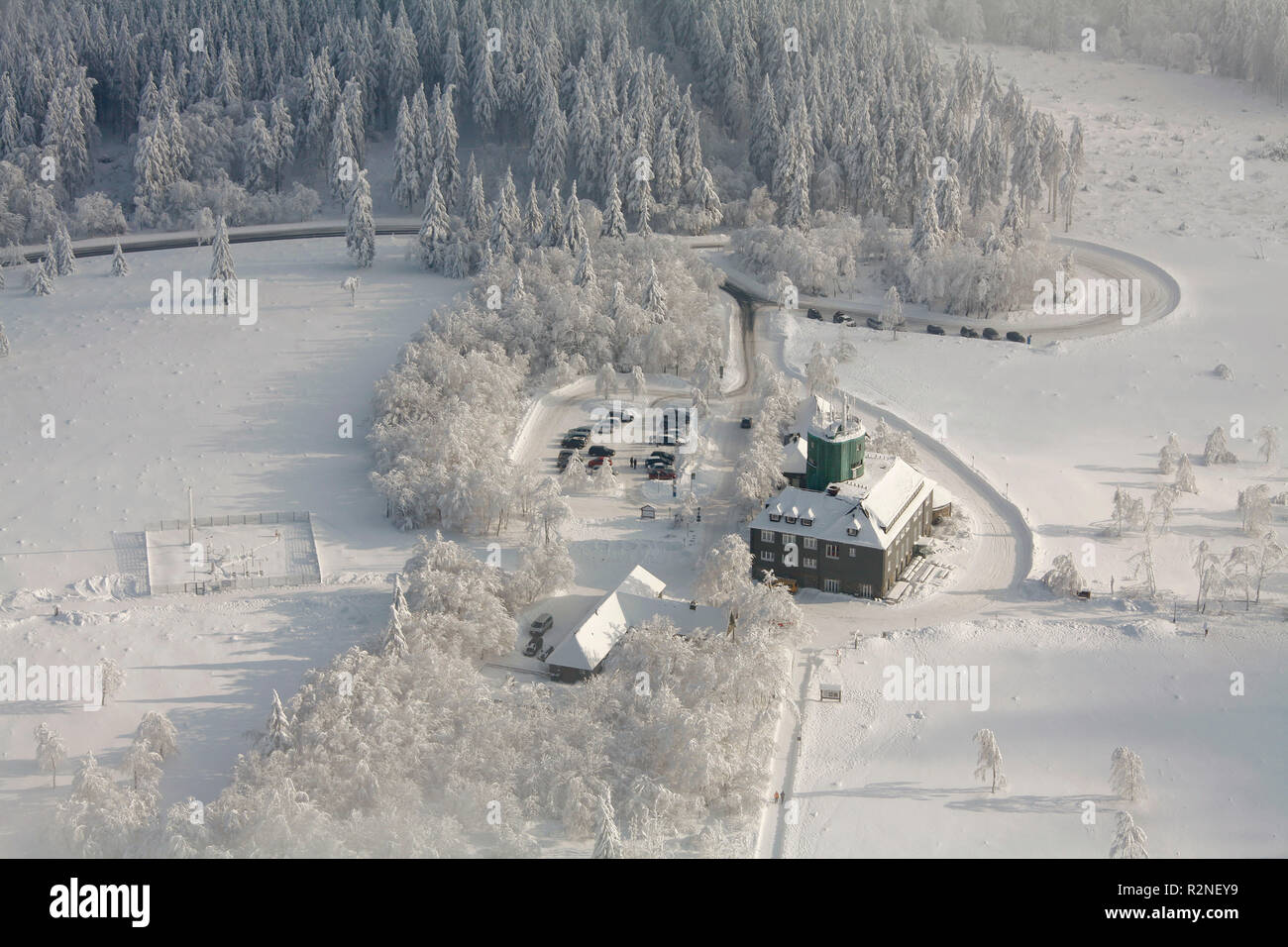 Aerial view, Kahler Asten, weather station, iced fir trees, walkers