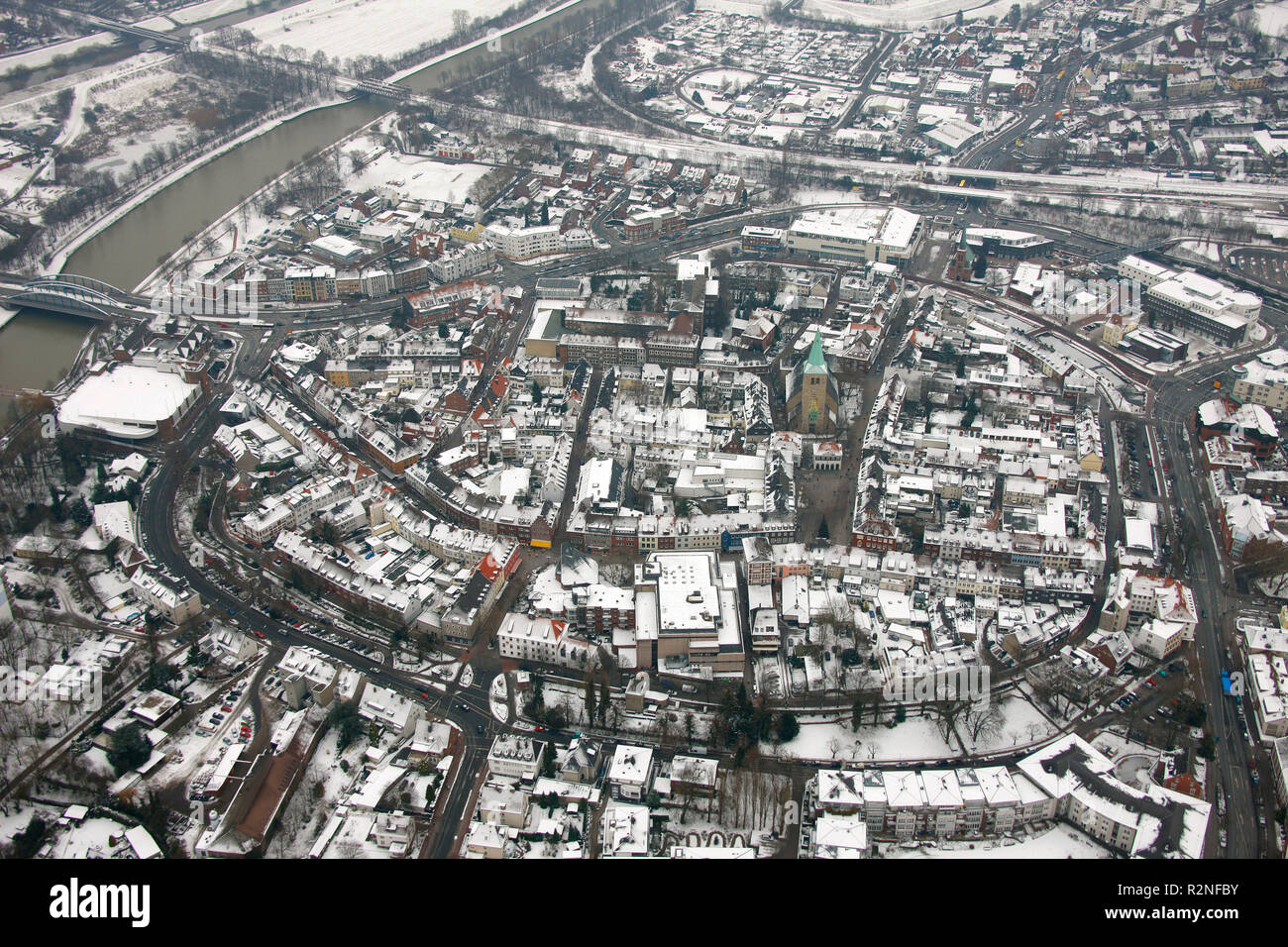 Aerial view, Snow, City inner city ring, Hochfeld, Dorsten, Ruhr area, North Rhine-Westphalia, Germany, Europe, Stock Photo