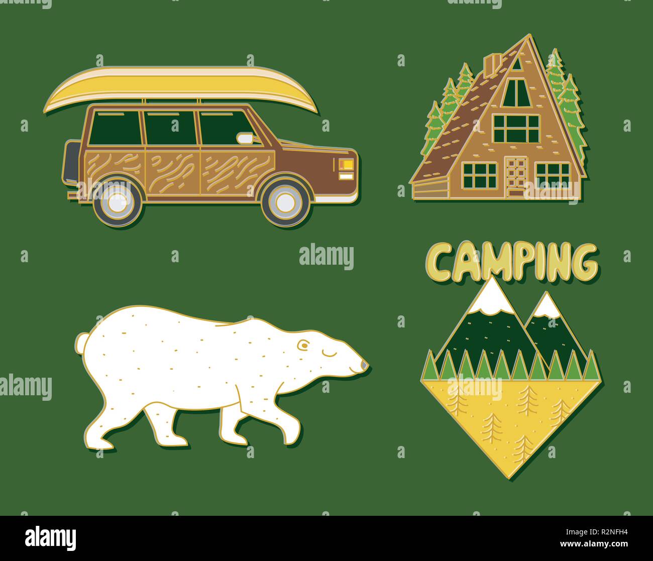 Set of cute camping elements. Equipment in forest. Stickers, doodle ...